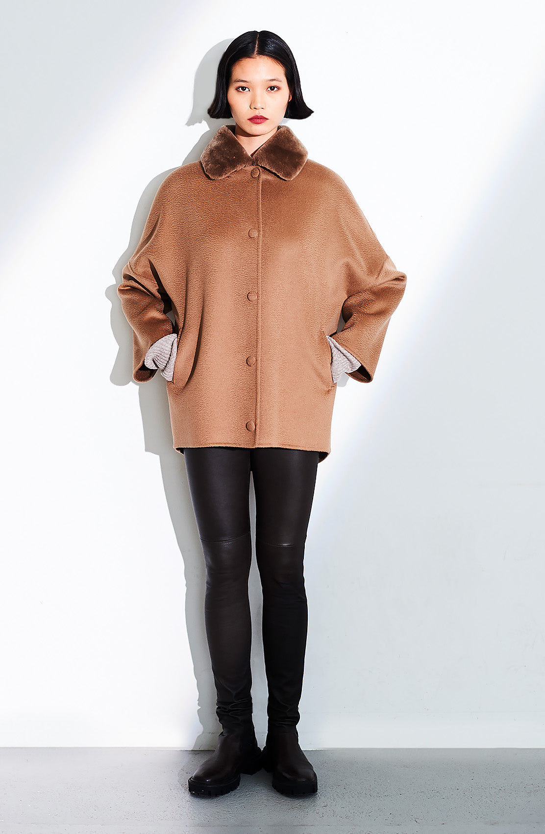 Covered Button Short Coat Shearling Collar
