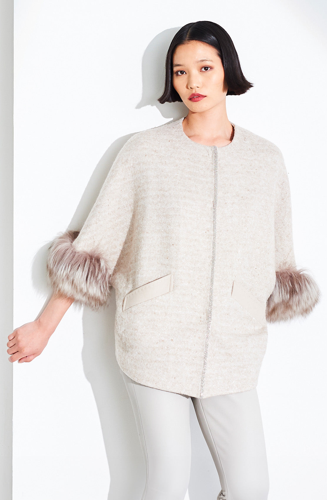 Knitted Wool Blend Jacket With Shearling Cuff.