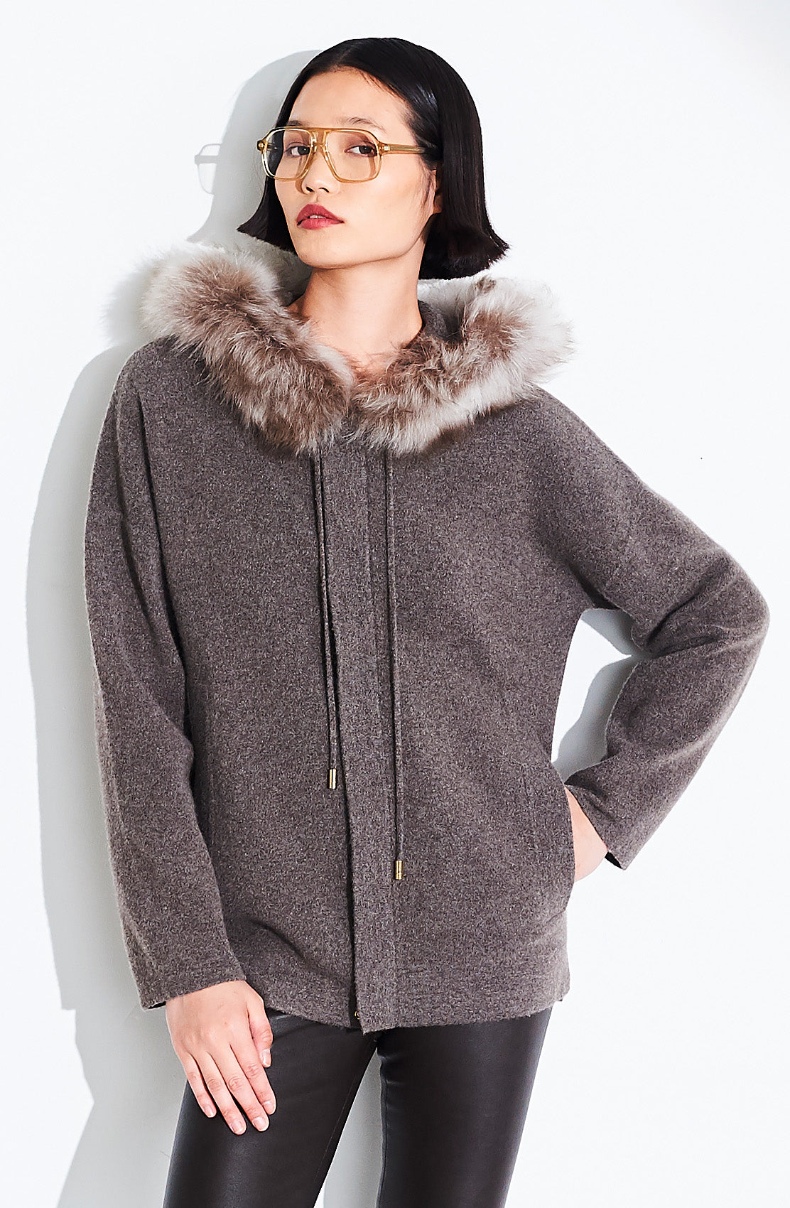 Hooded Knit Short Parka Fur Trim
