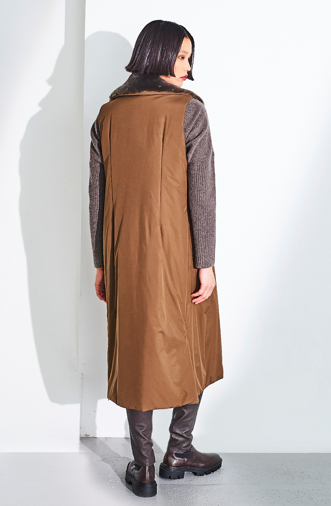 Long Botton Gilet with Shearling Collar. Size: 10 Only