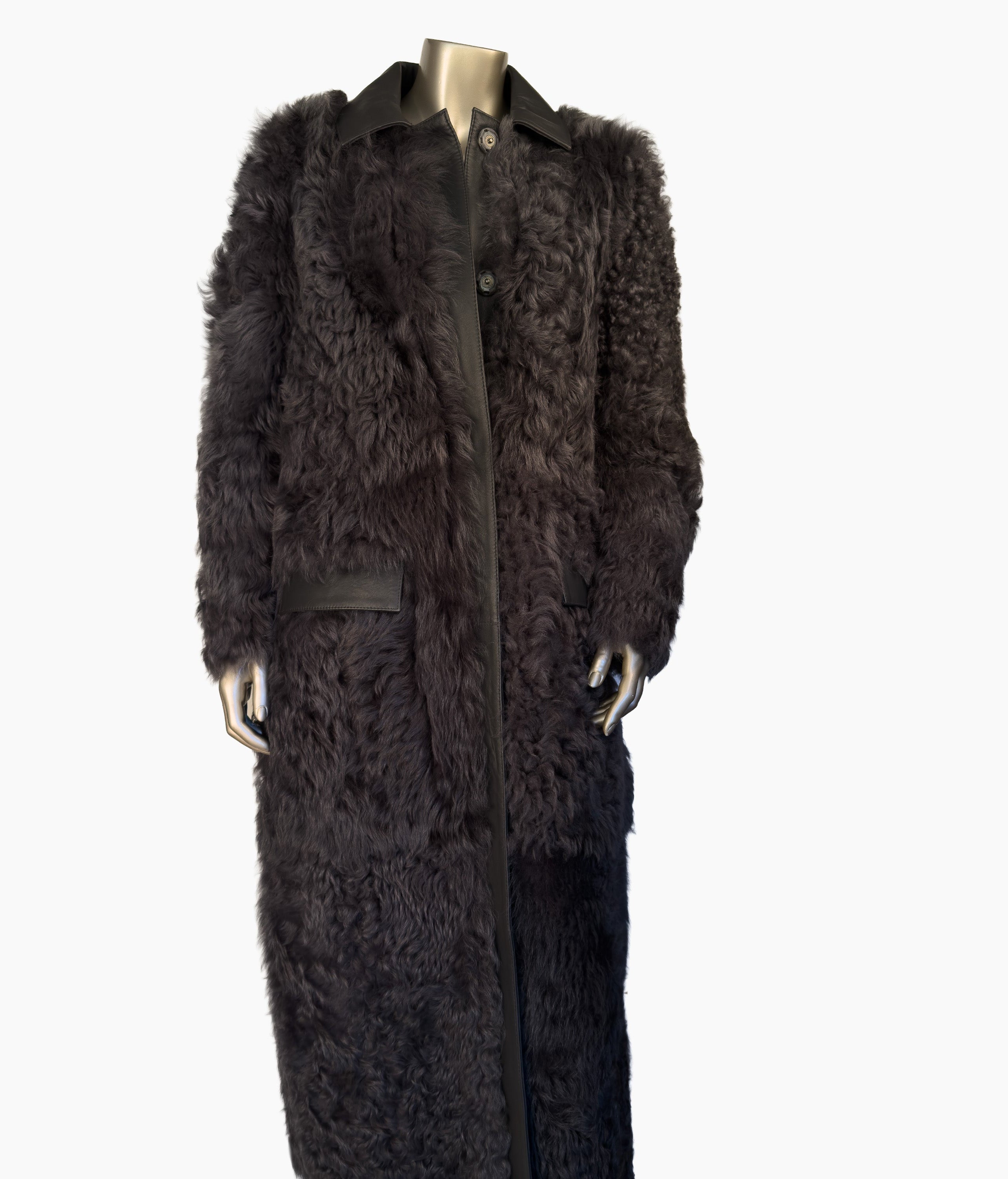 Reversible Long Leather Trim Shearling Coat Size:10