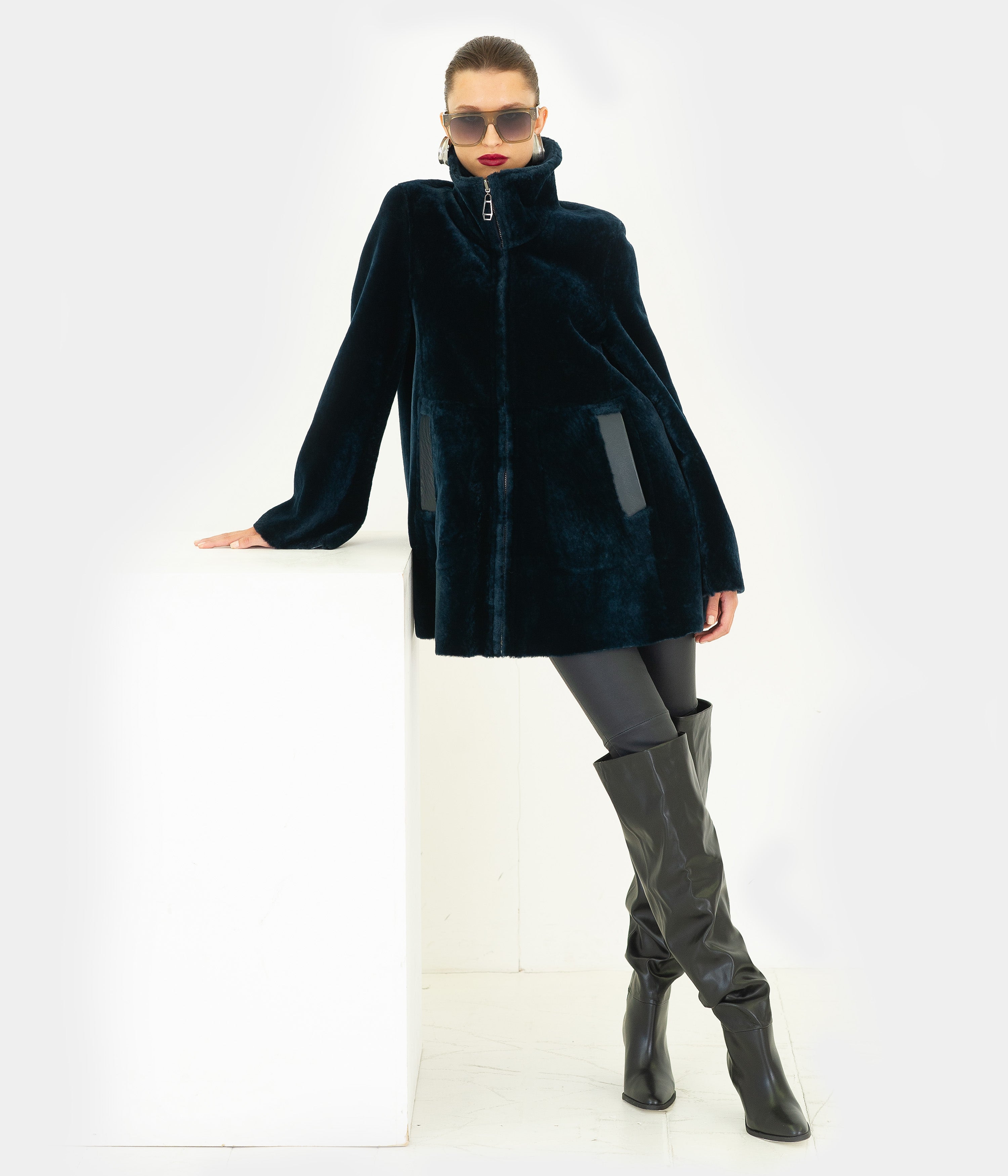 Reversible Shearling Short Zip Swing Coat