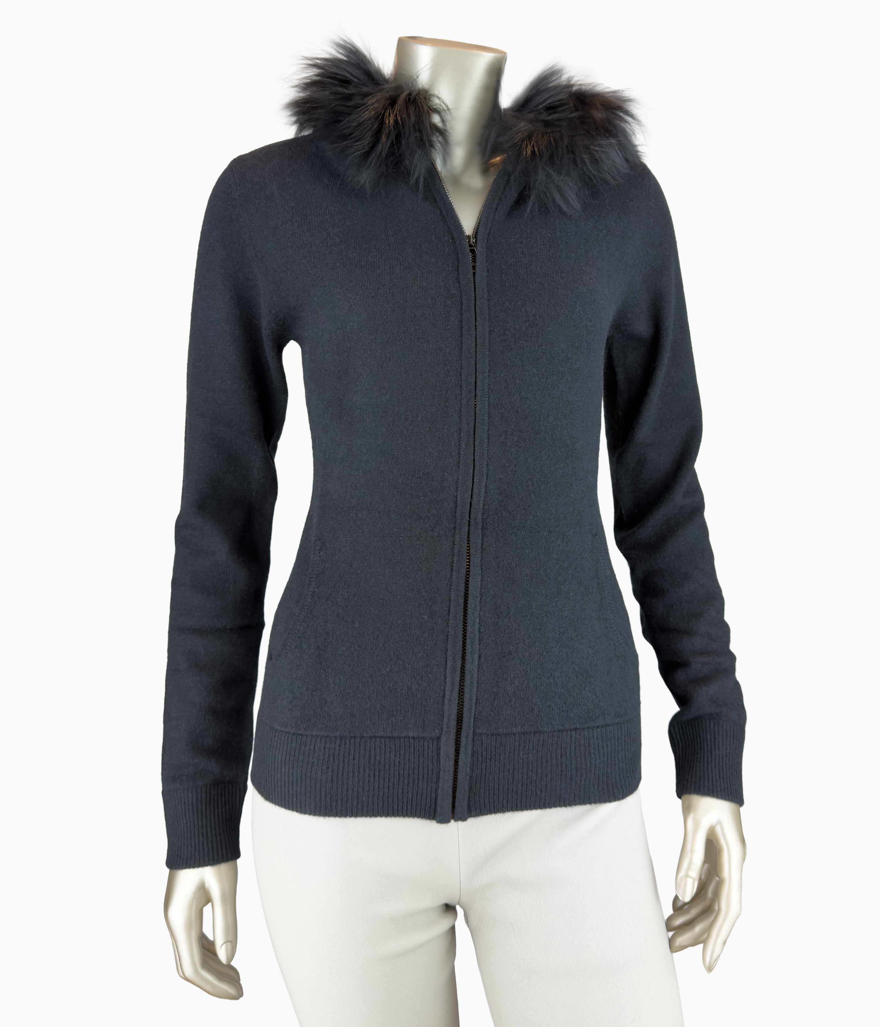 Outlet: Black Hooded Fur Fitted Cardi