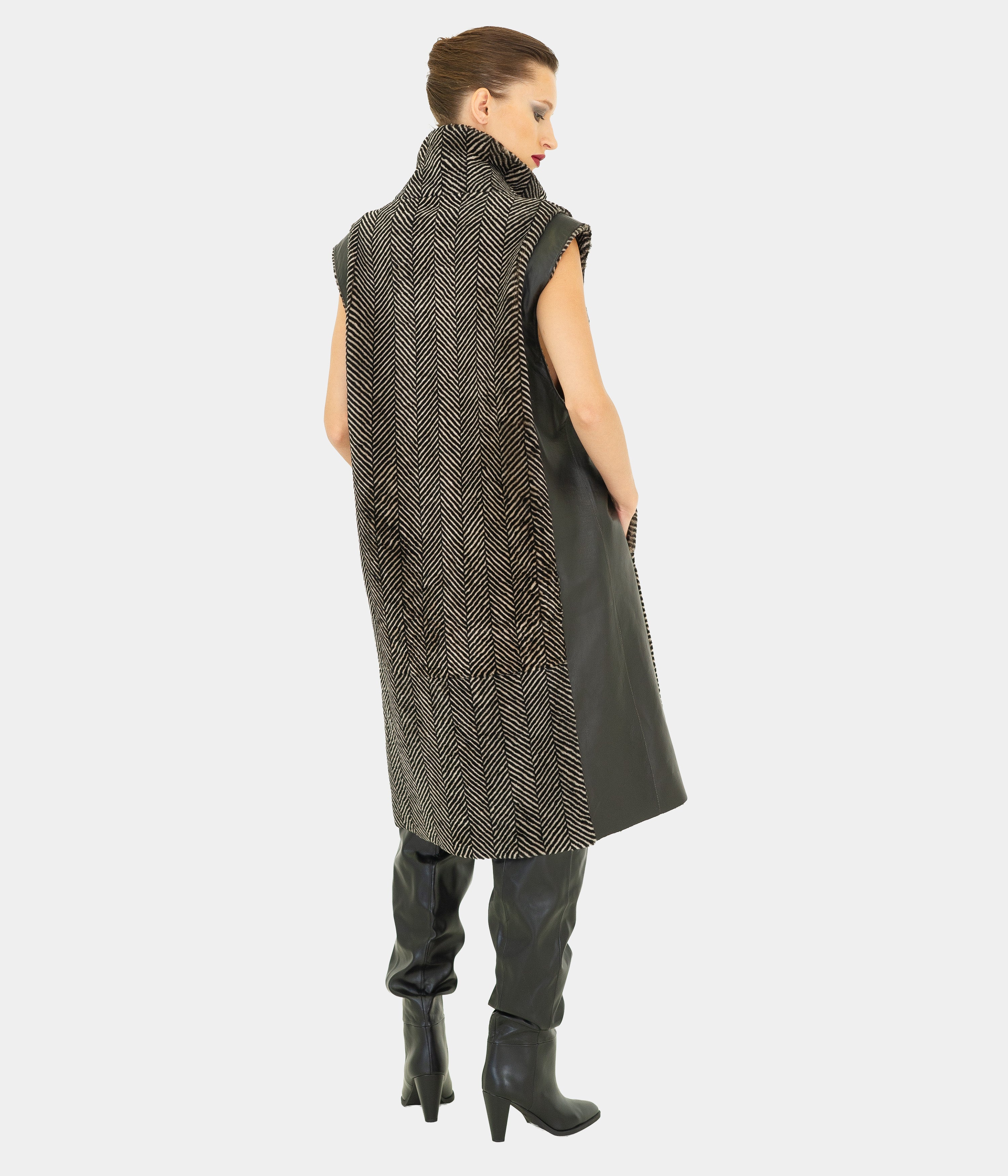 Herringbone And Leather Long Gilet