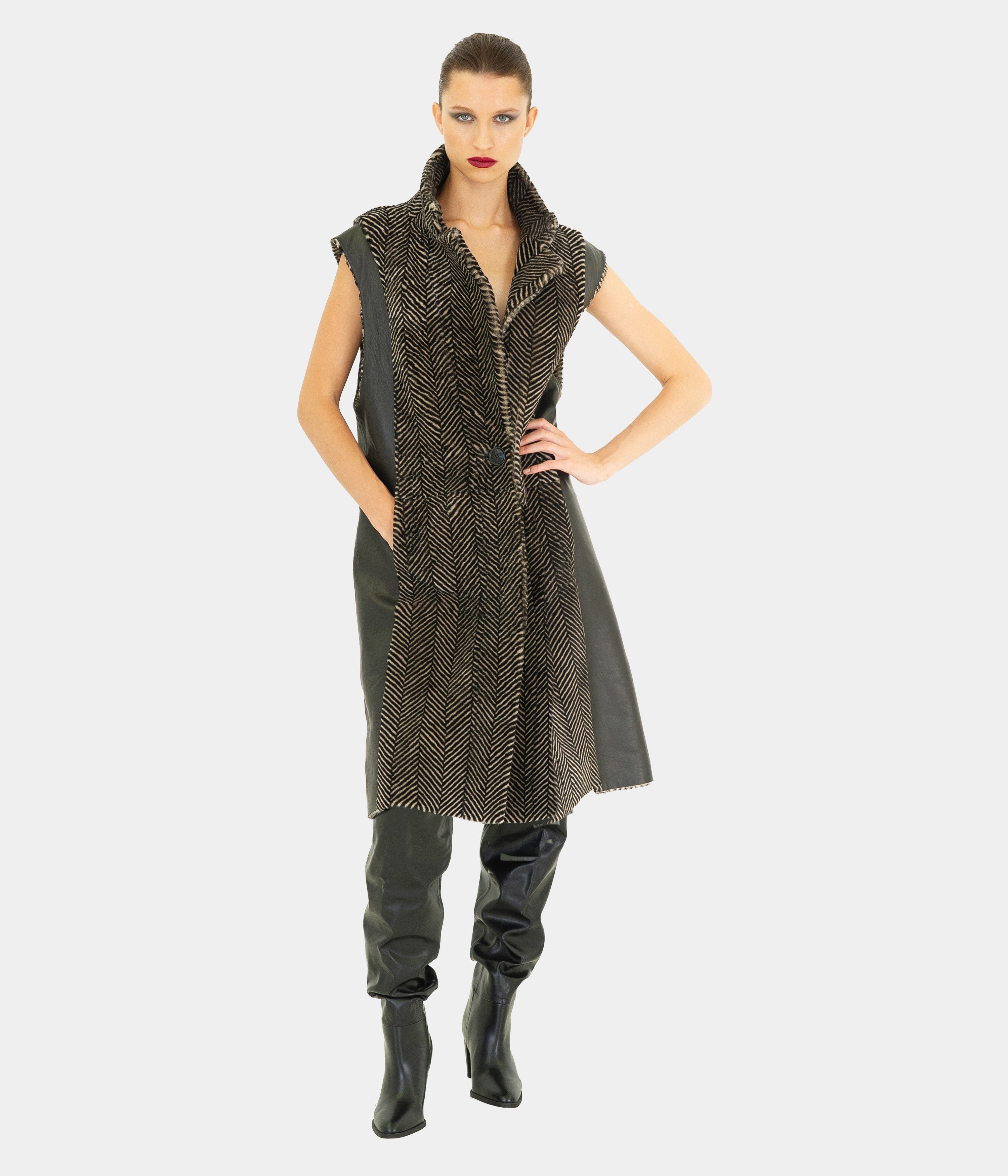Herringbone And Leather Long Gilet
