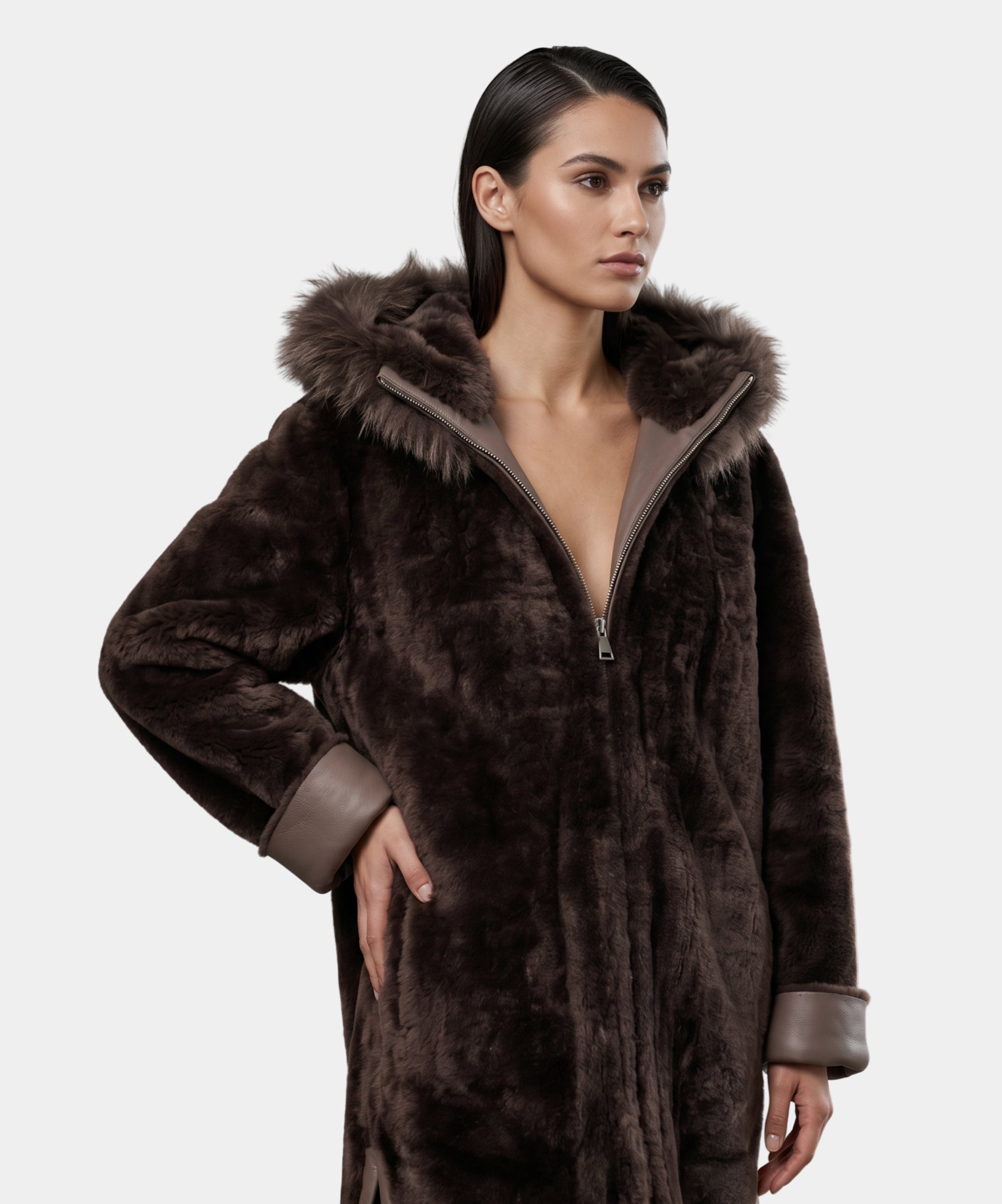 Outlet: Brown Reversible Shearling Hooded Parka