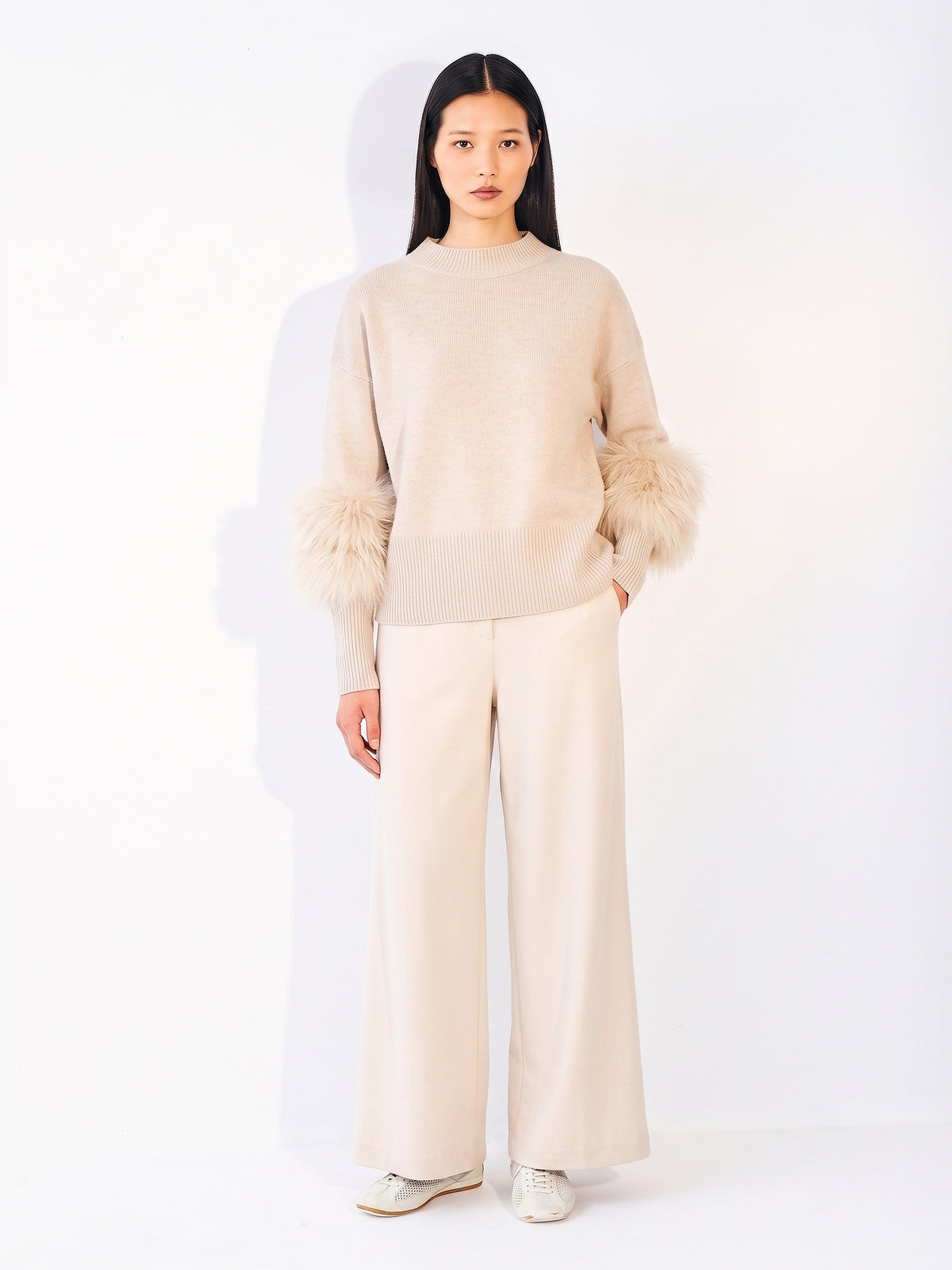 Knitted fur Trim Jumper Oyster