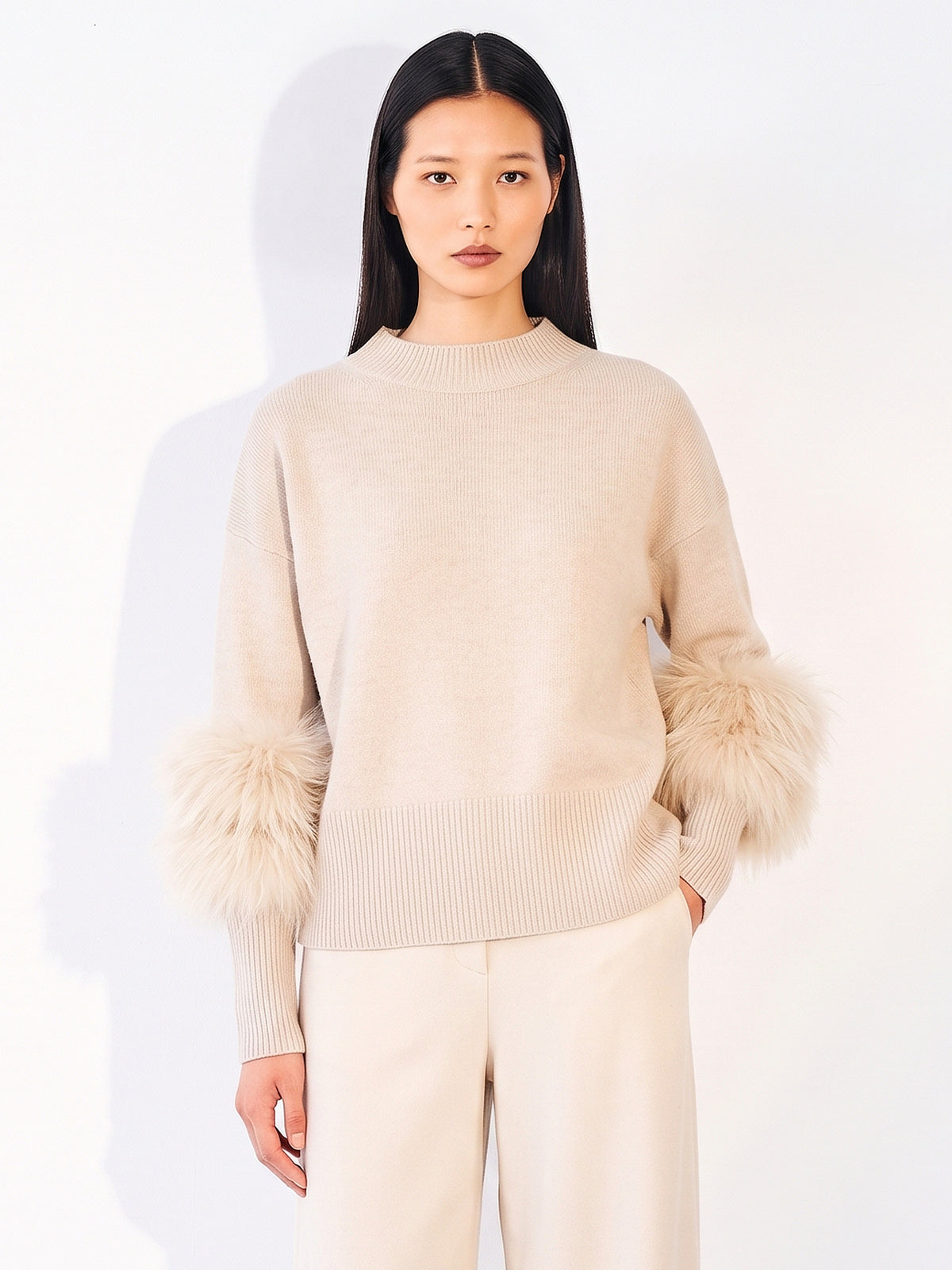 Knitted fur Trim Jumper Oyster