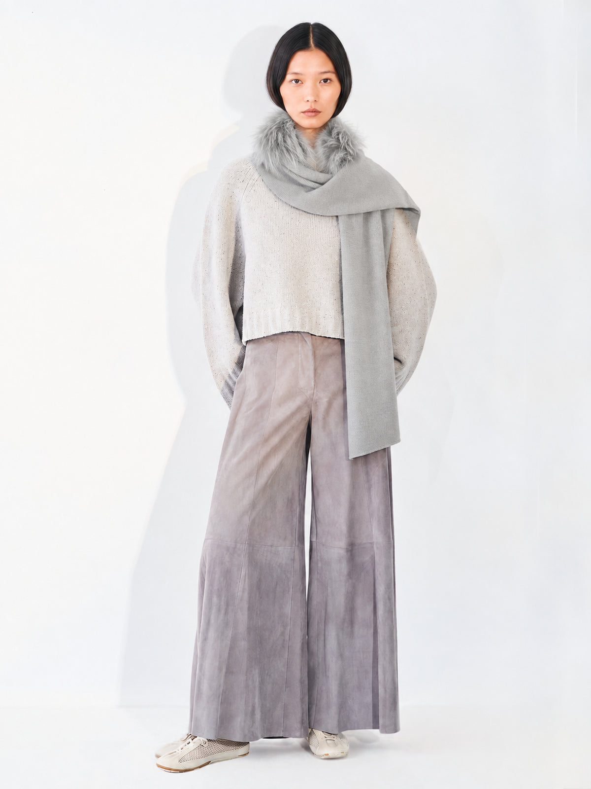 Light Sage Fur Trim Scarf