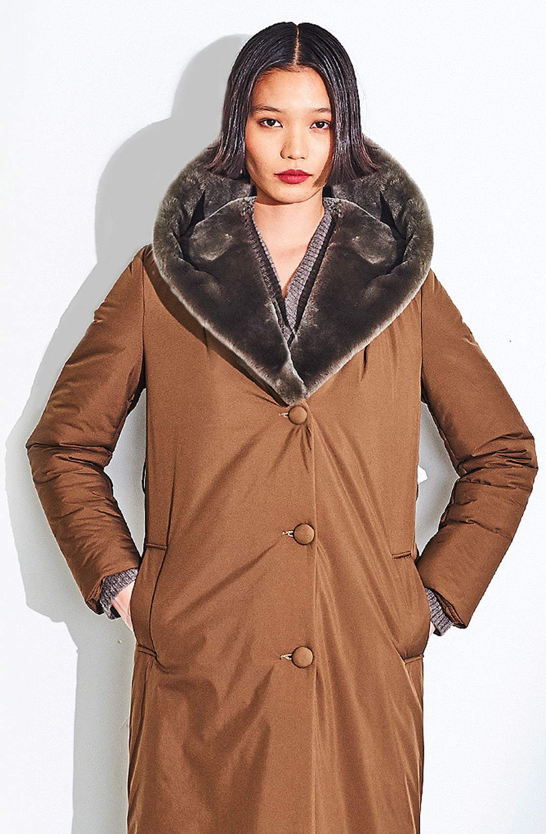 Quilted Textile Button Long Coat Shearling Lined Hood. Size: 10 Only