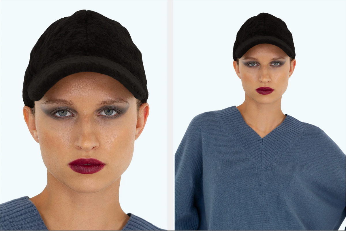 Black shearling baseball cap by Dom Goor shown in a close-up and a half-length shot on a model