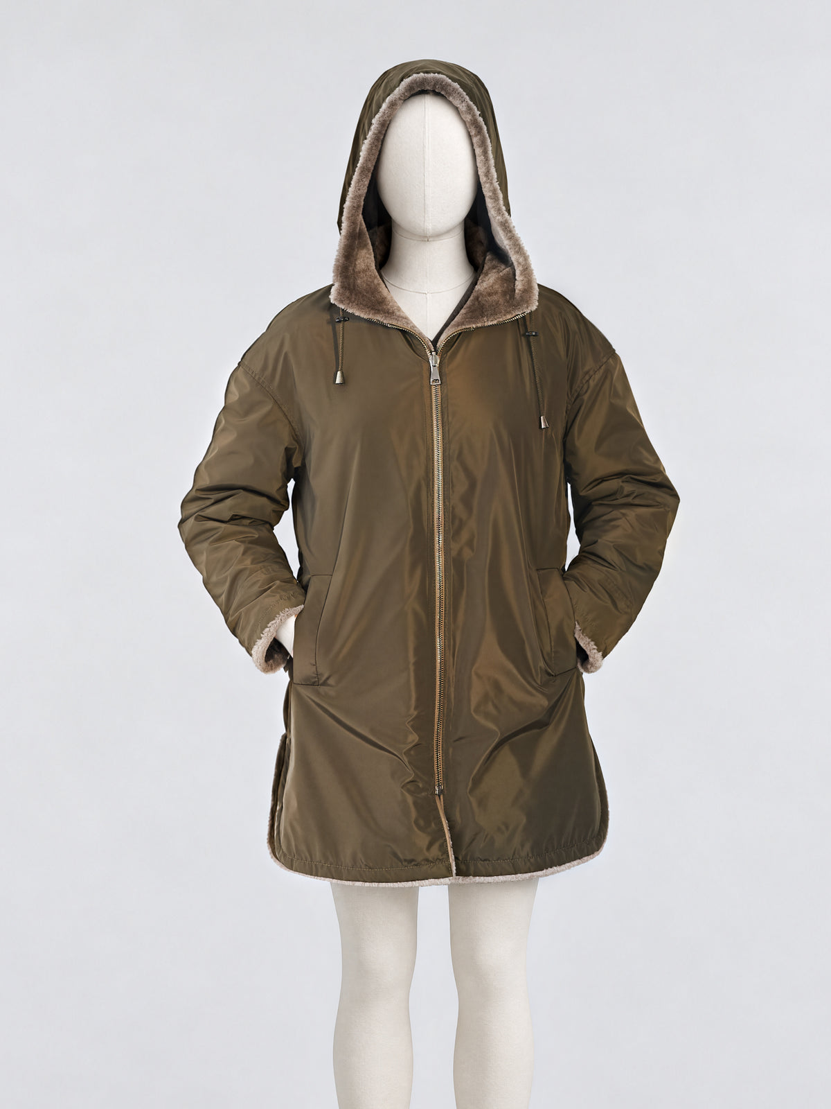 Tec Hooded Parka by Dom Goor, olive side out, displayed on a mannequin