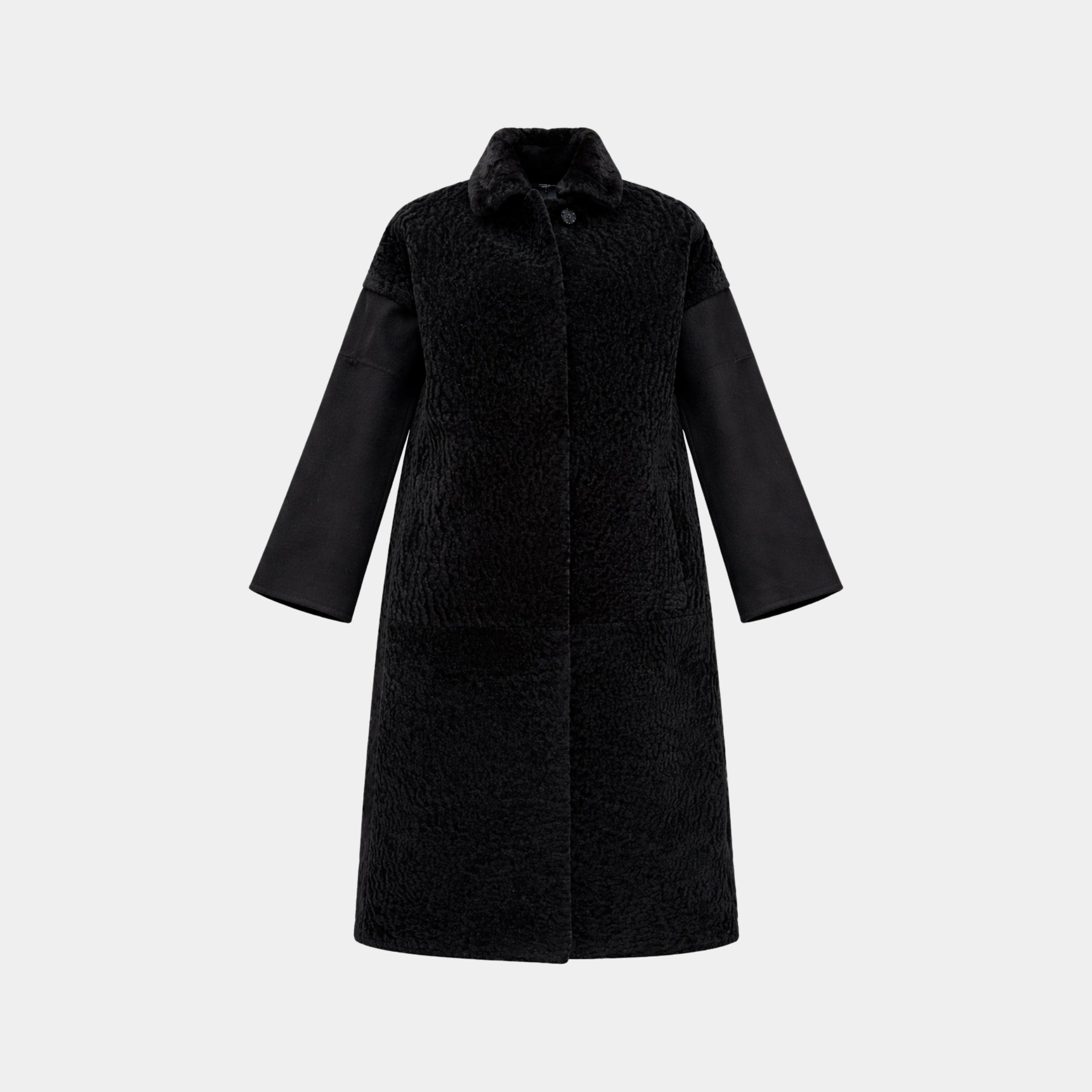 Outlet: Long Wool Coat With Shearling Front Black: Size 10