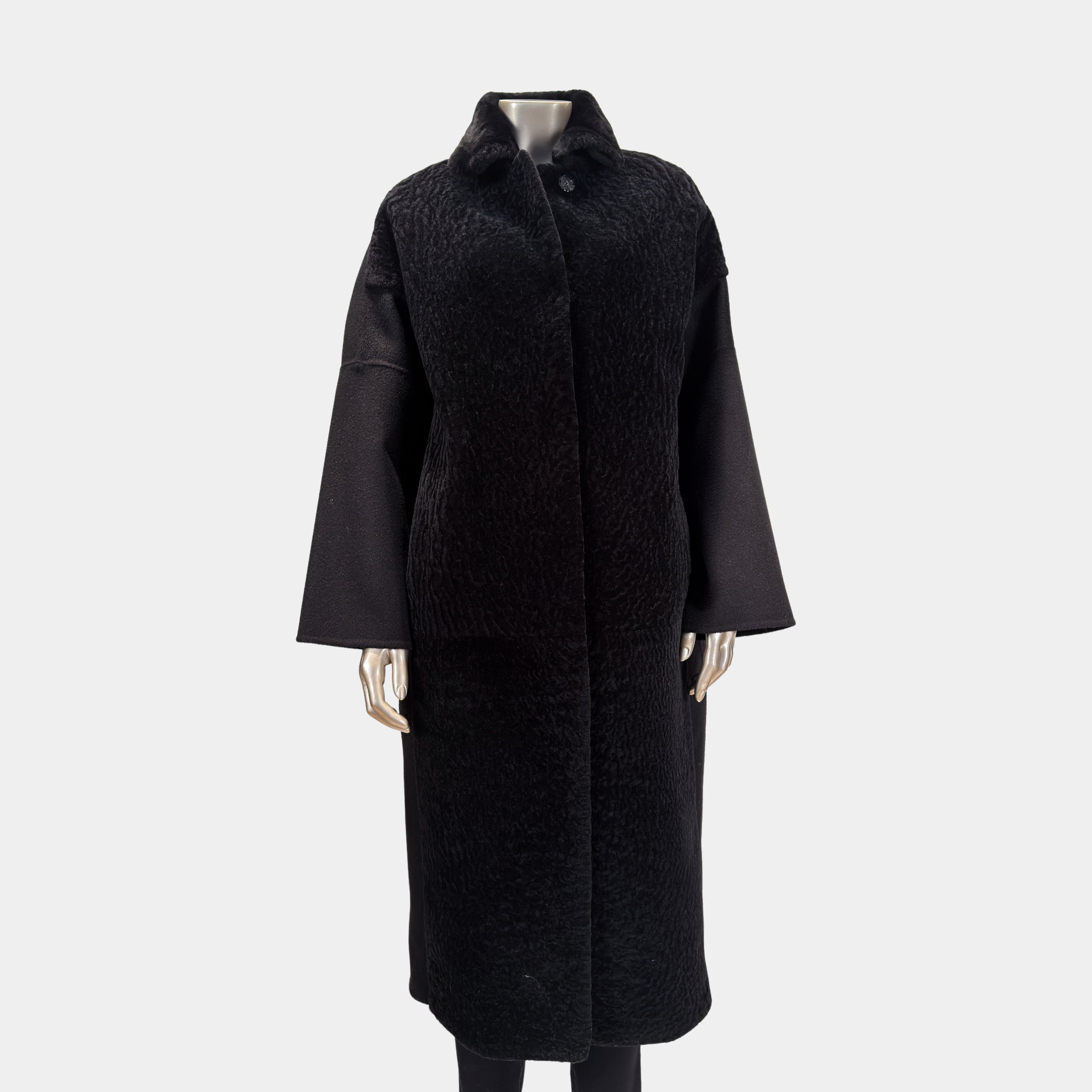 Outlet: Long Wool Coat With Shearling Front Black: Size 10