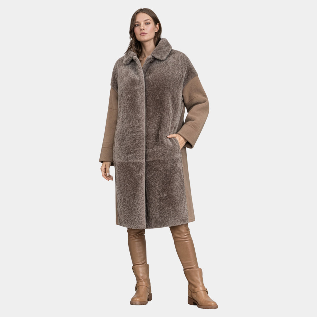 Outlet: Long Wool Coat With Shearling Front
