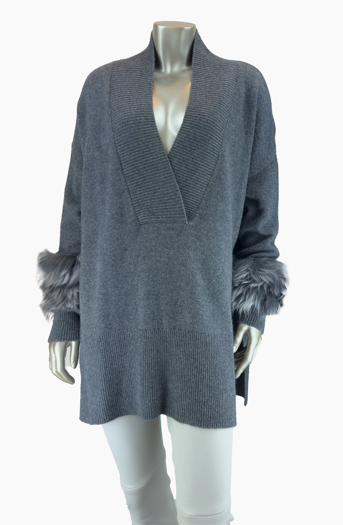 V Neck Fur Trim Tunic Size 10