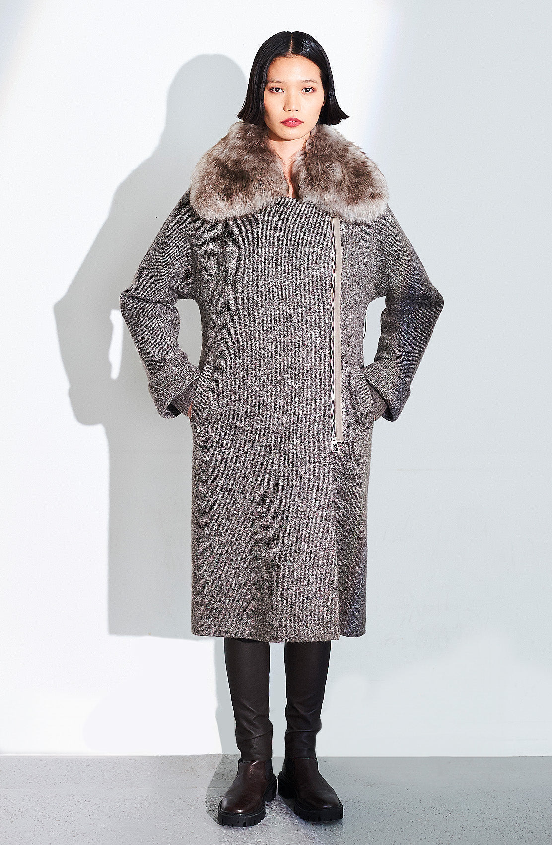 Knitted Wool Blend Coat With Shearling Collar. Size: 10 Only