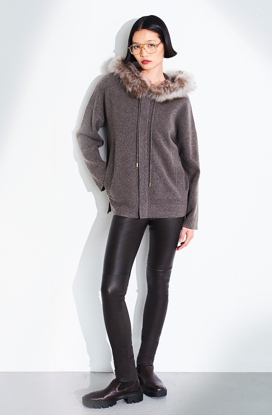 Hooded Knit Short Parka Fur Trim