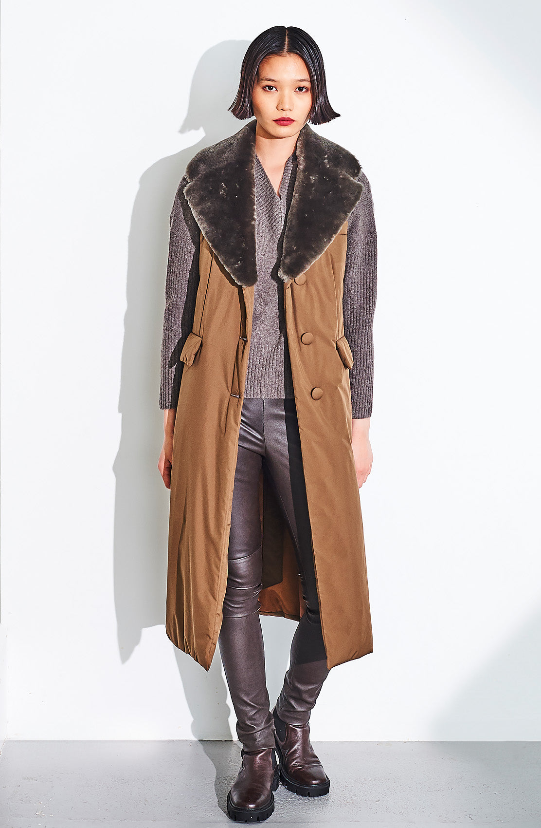 Long Botton Gilet with Shearling Collar. Size: 10 Only