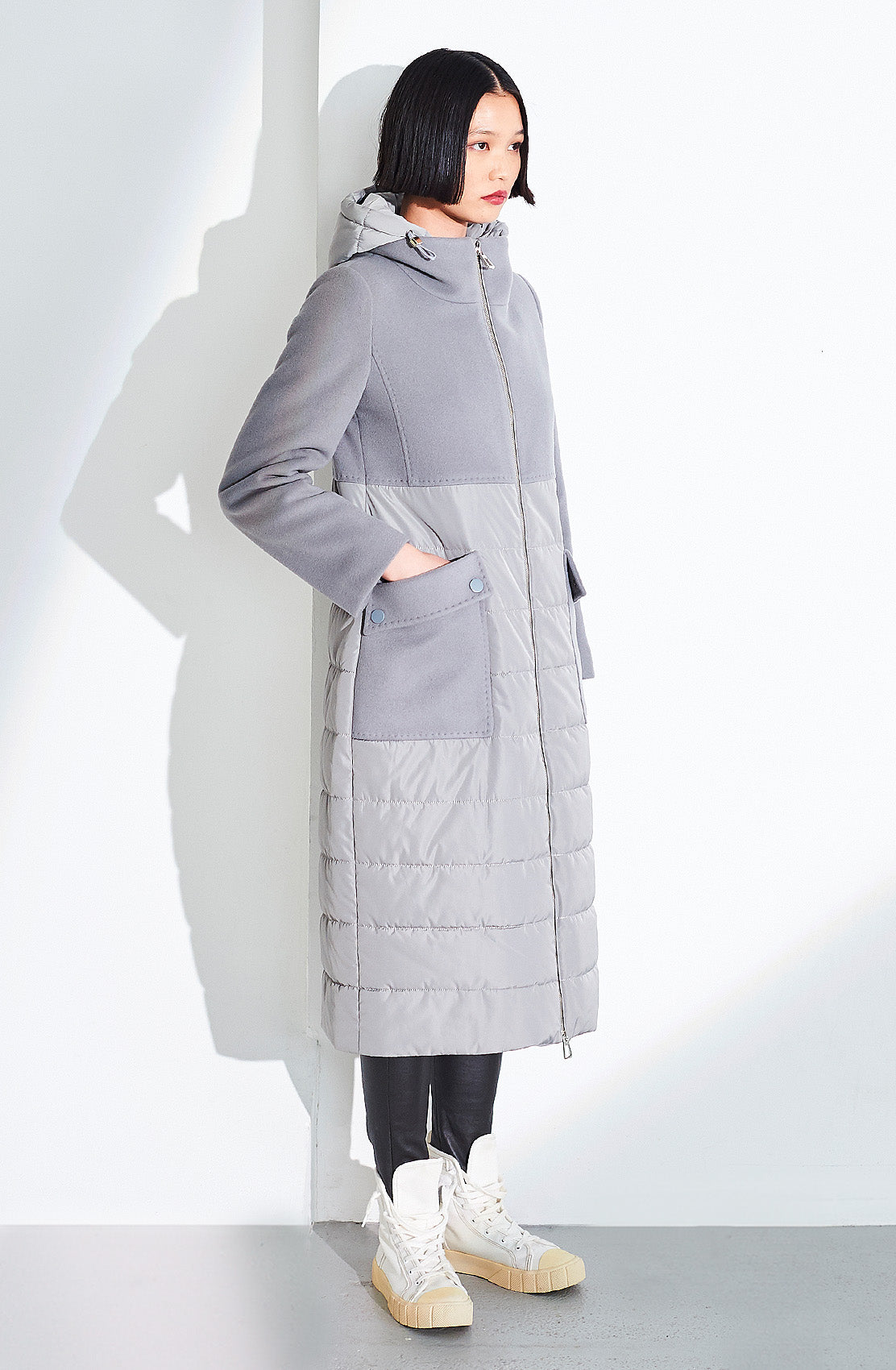 Long Wool/Cashmere Coat With Quilted Detachable Hood. Size: 10 Only