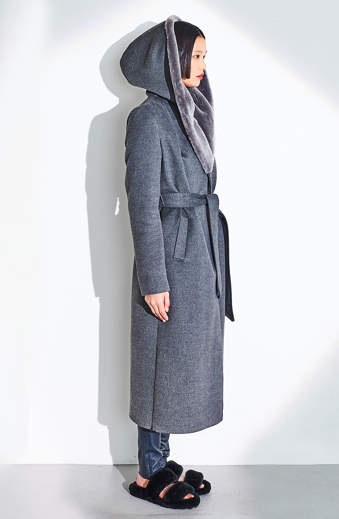 Woven Fabric Long Coat With Shearling Hood. Out Of Stock