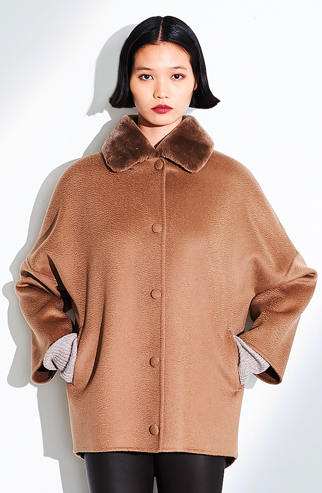 Covered Button Short Coat Shearling Collar. Size: 10 Only