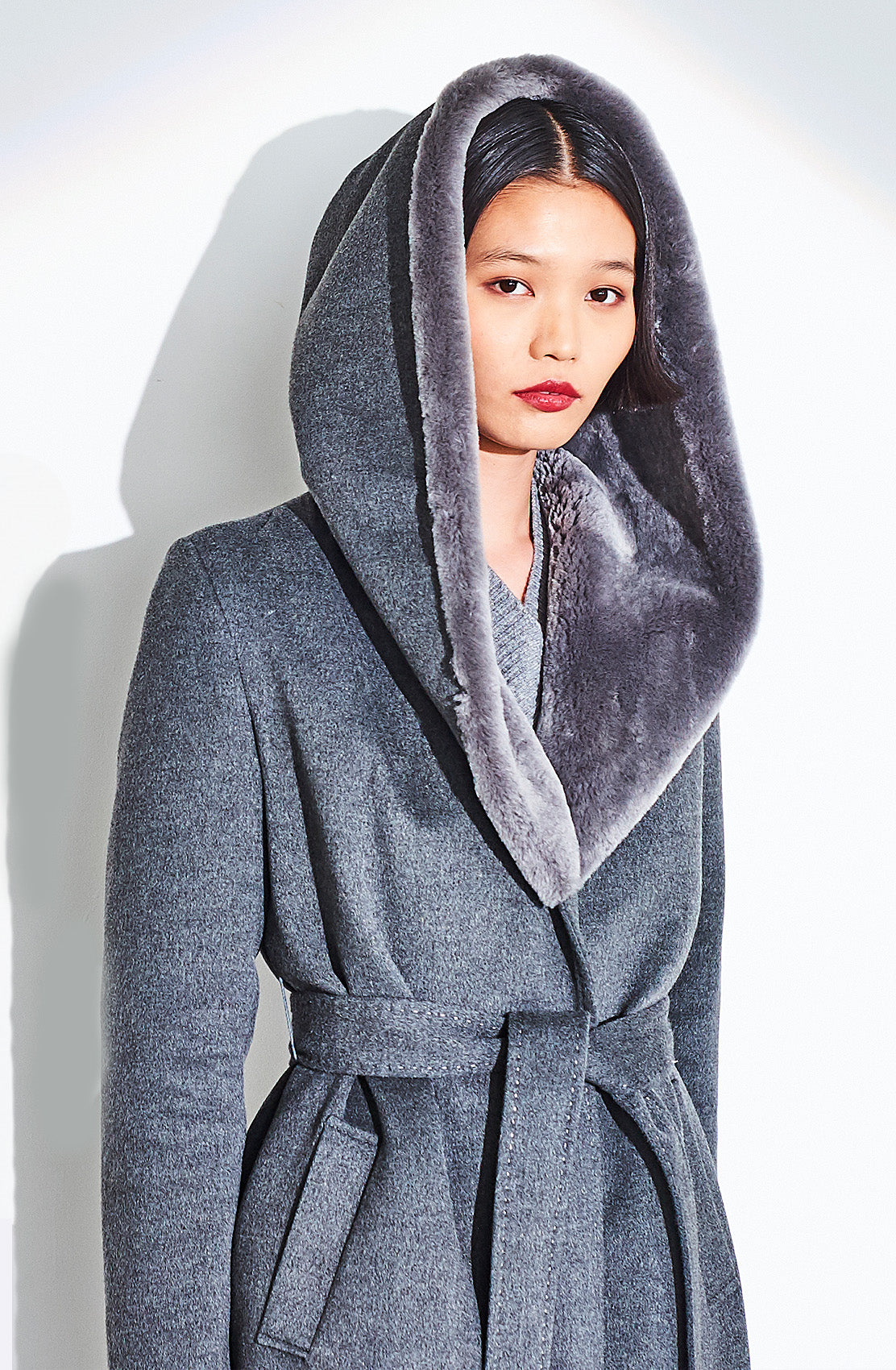 Woven Fabric Long Coat With Shearling Hood. Out Of Stock