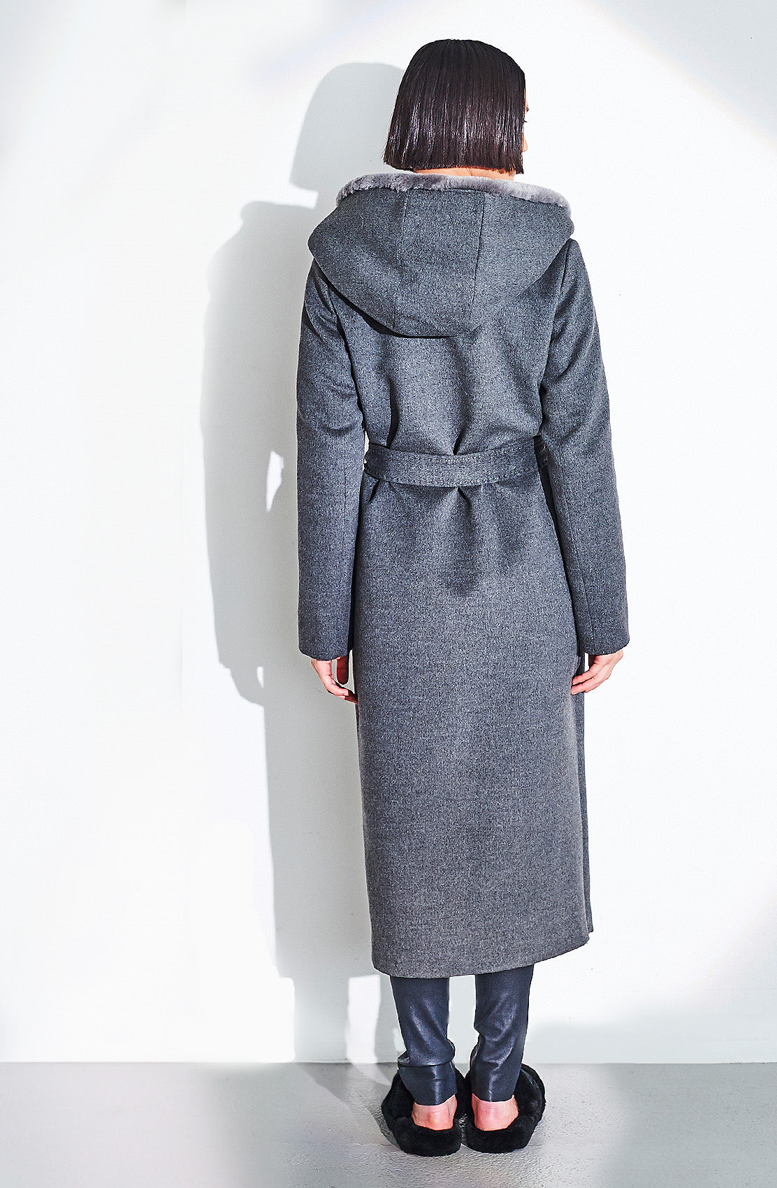 Woven Fabric Long Coat With Shearling Hood. Out Of Stock