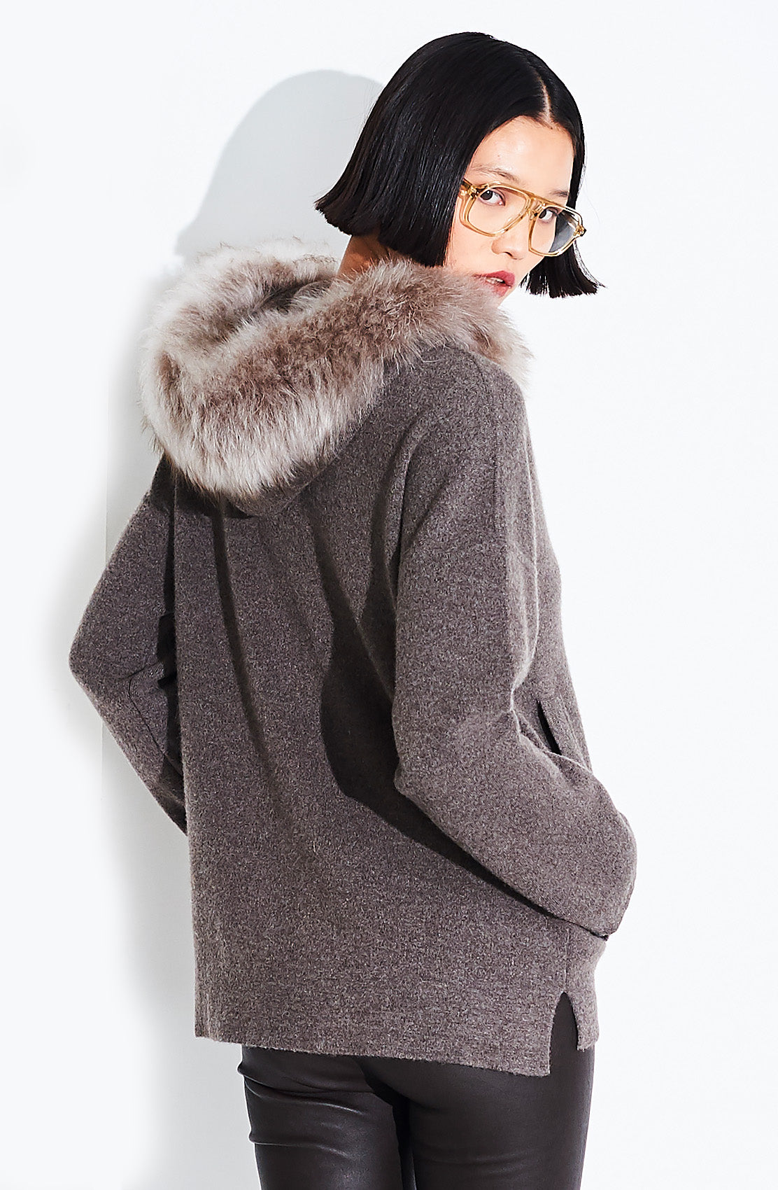 Hooded Knit Short Parka Fur Trim