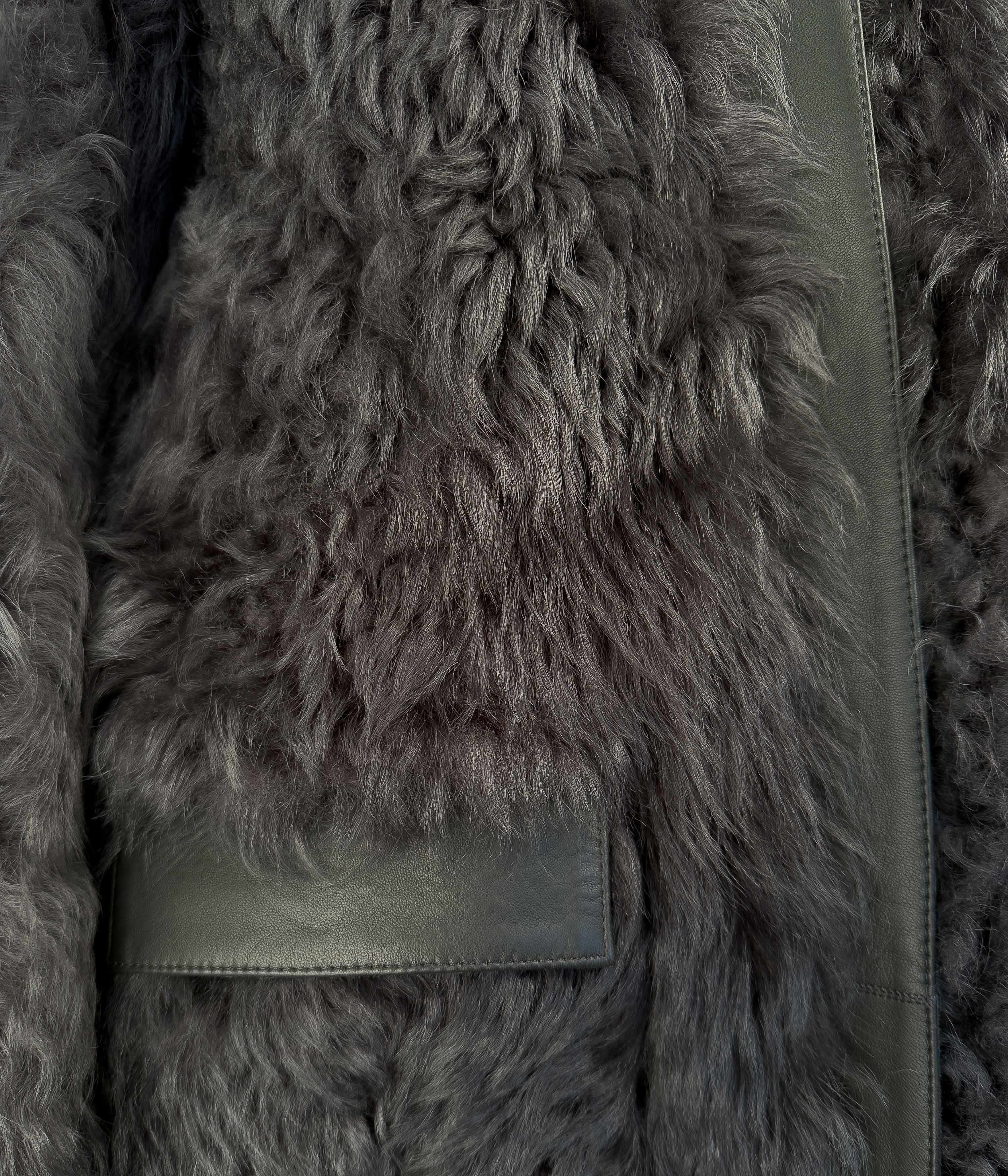 Reversible Long Leather Trim Shearling Coat Size:10