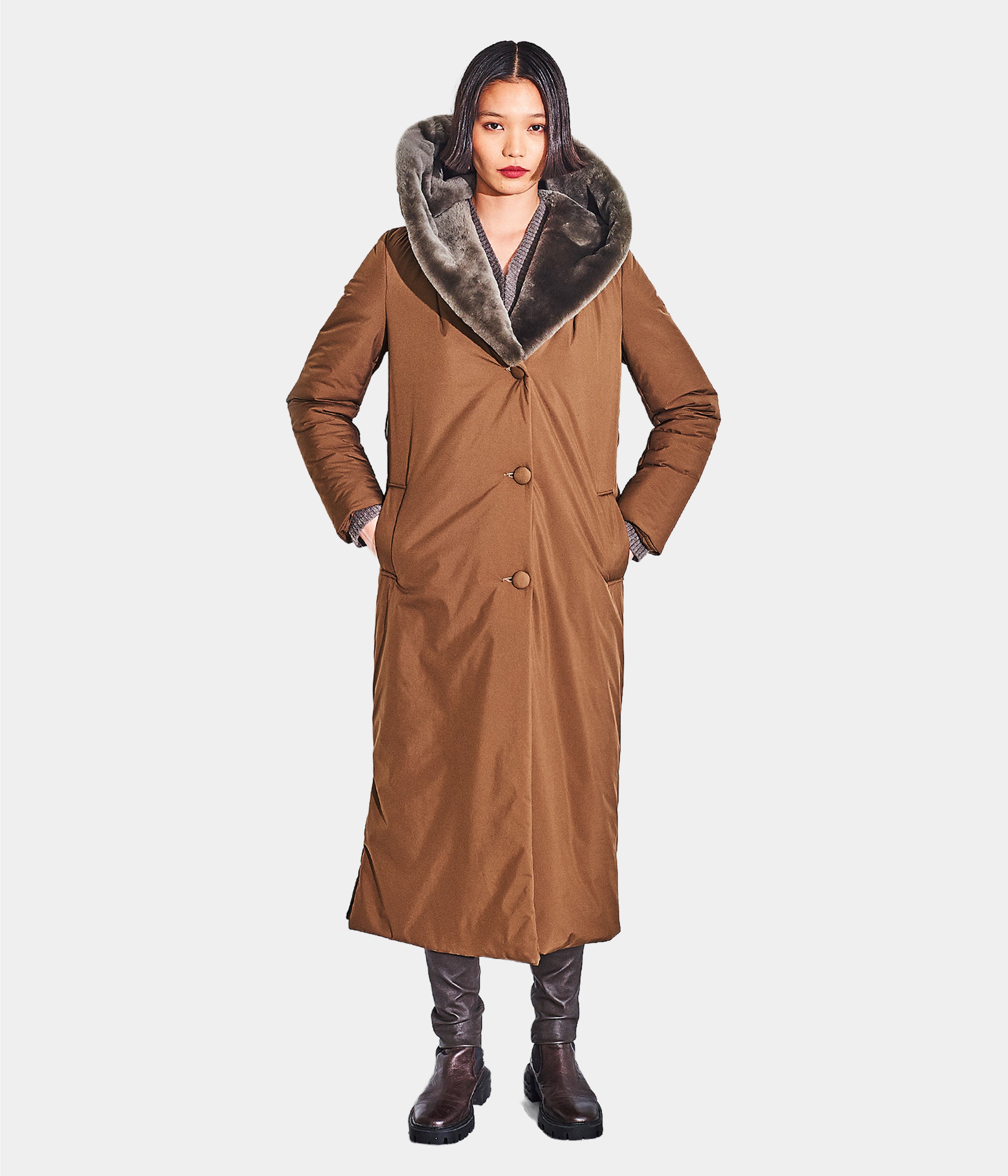 Quilted Textile Button Long Coat Shearling Lined Hood. Size: 10 Only