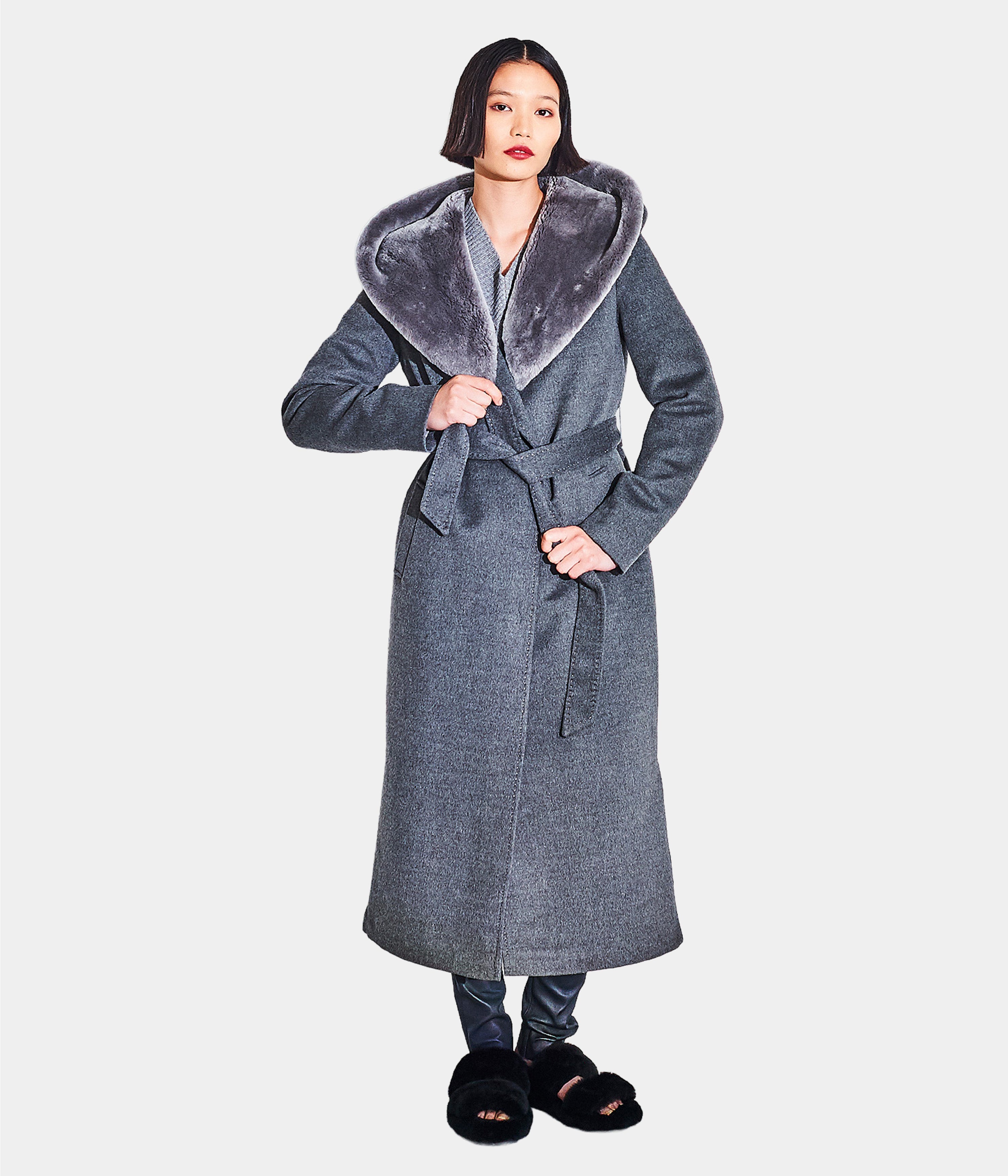 Woven Fabric Long Coat With Shearling Hood. Size:10 Only