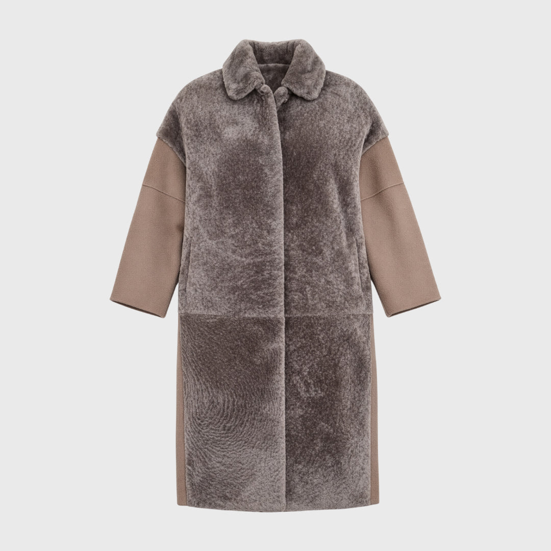 Outlet: Long Wool Coat With Shearling Front