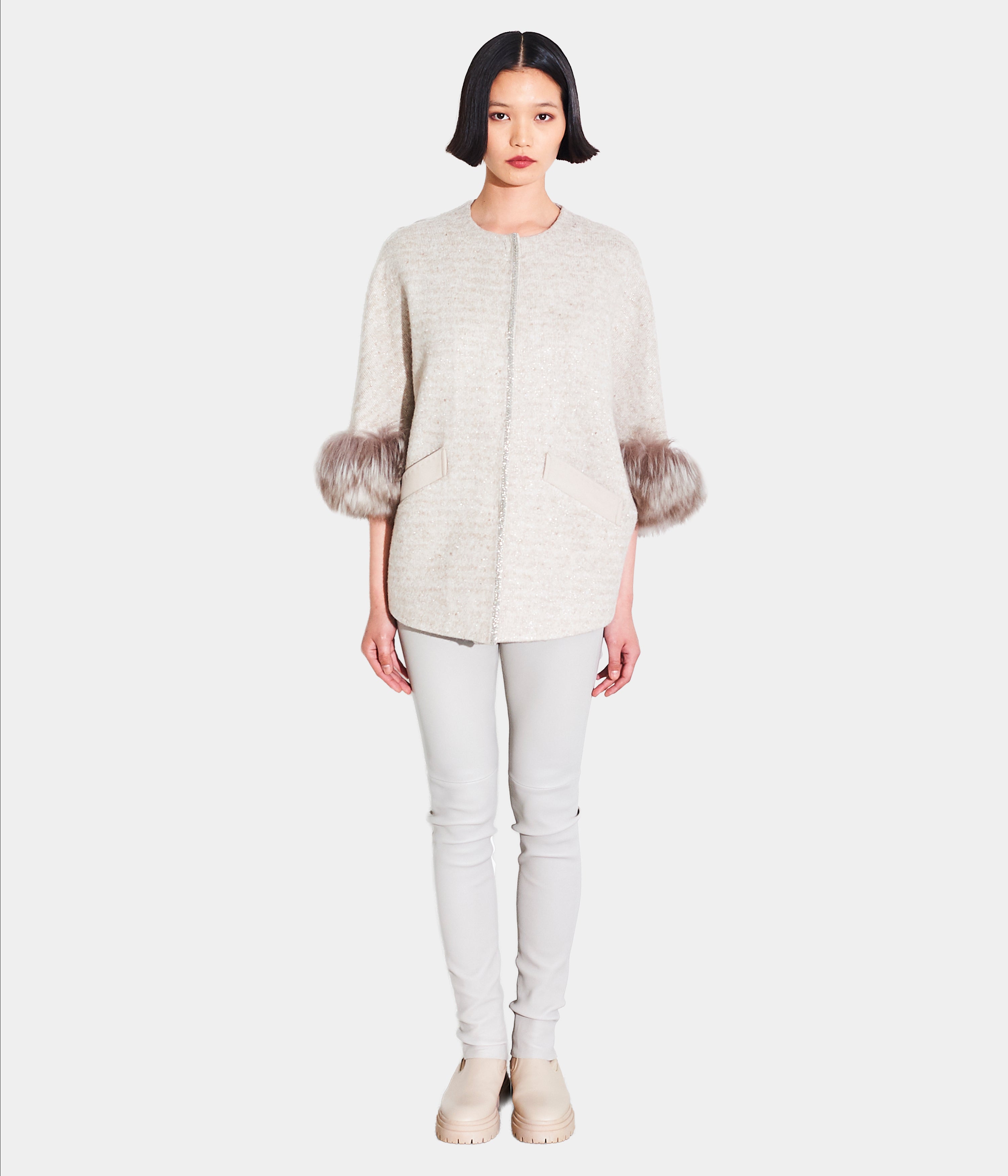 Knitted Wool Blend Jacket With Shearling Cuff.