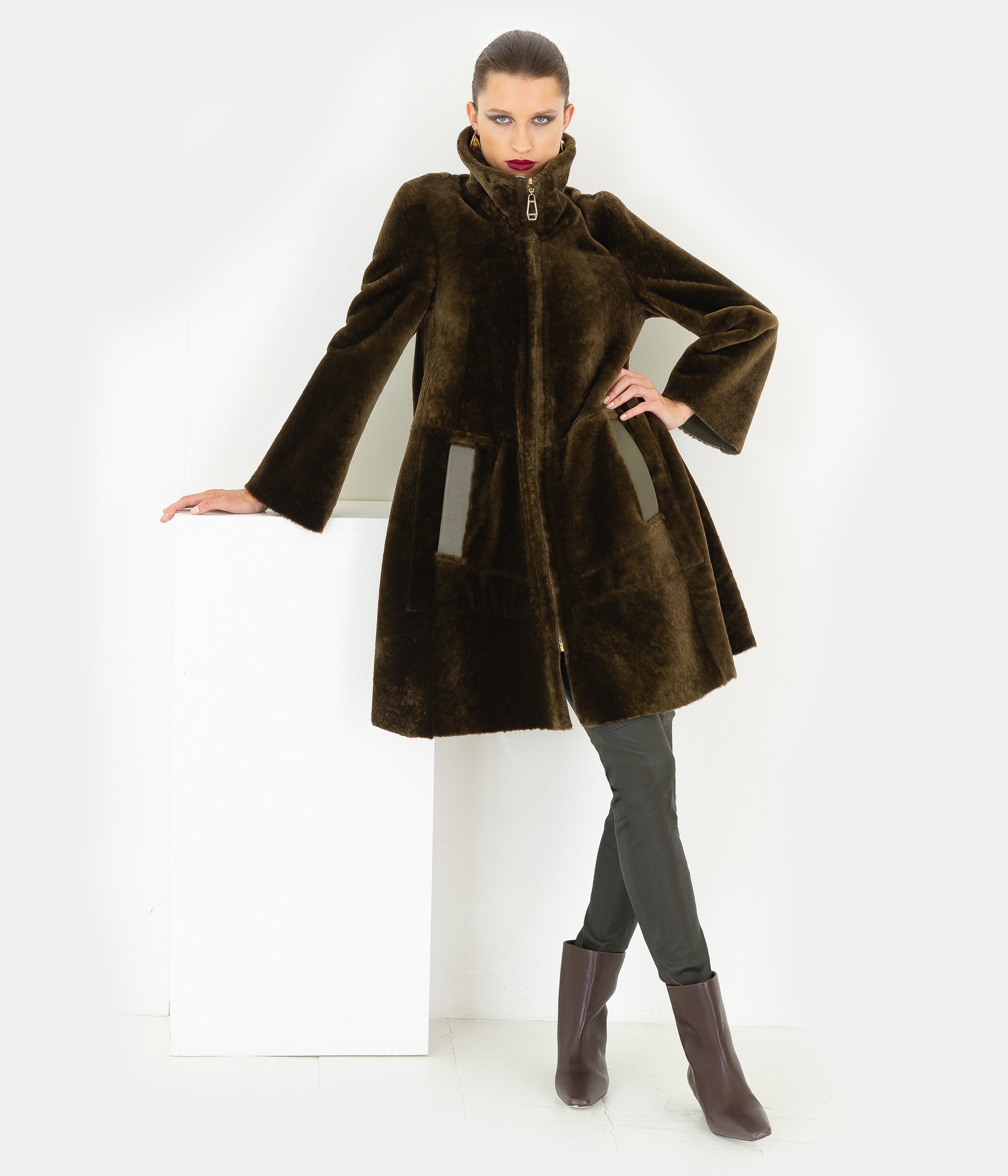 Reversible Shearling Long Zip Swing Coat