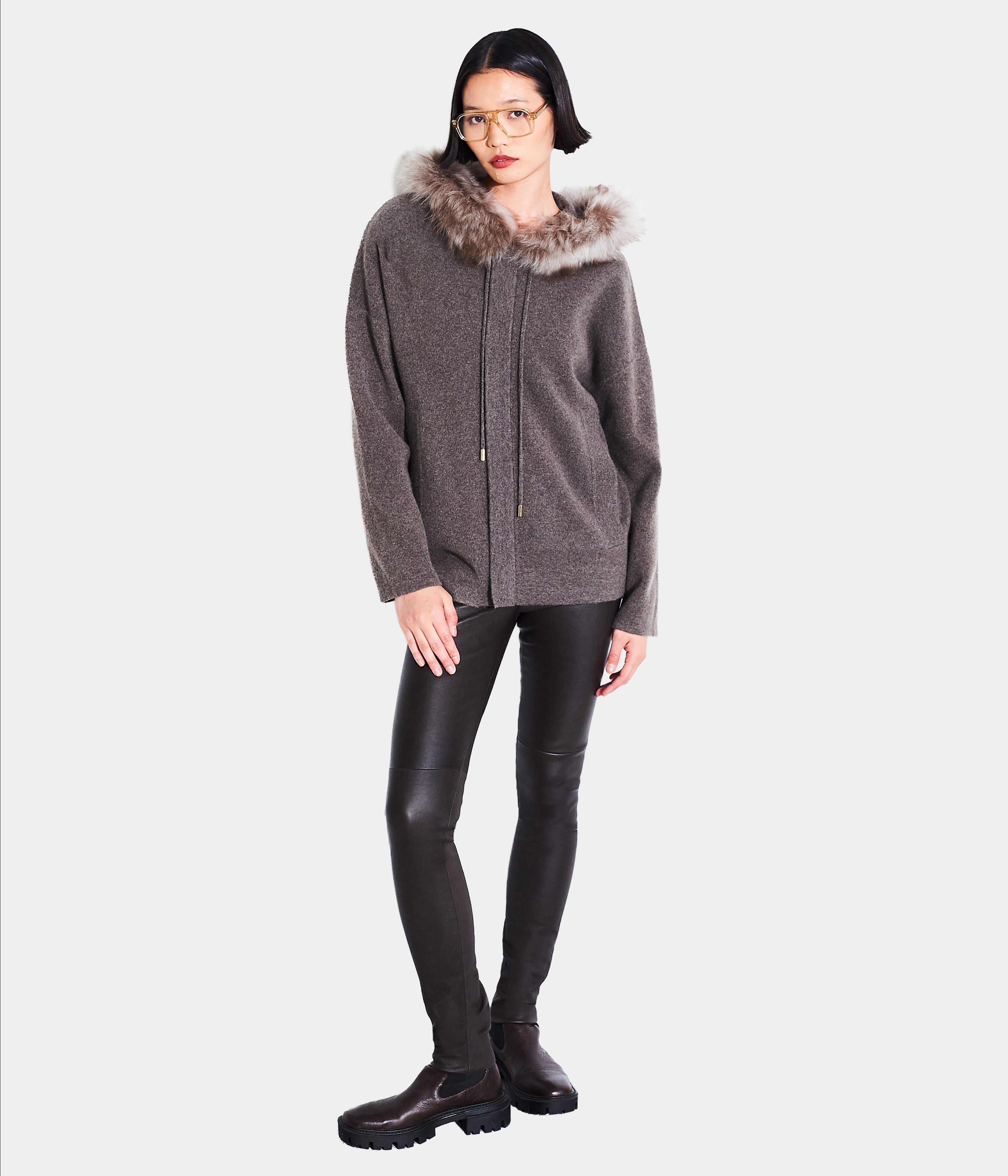 Hooded Knit Short Parka Fur Trim