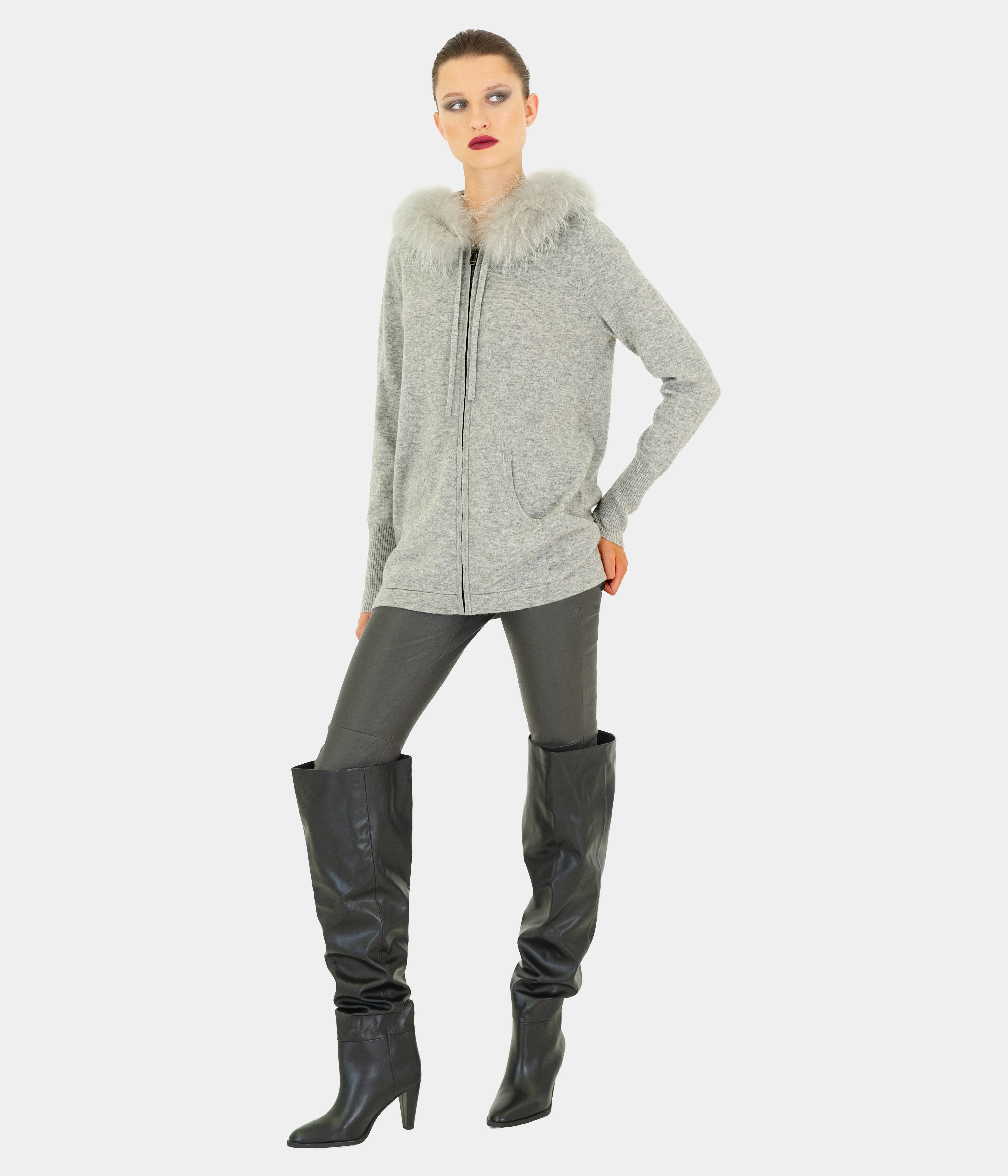 Long Loose Fit Hoody Fur Trim