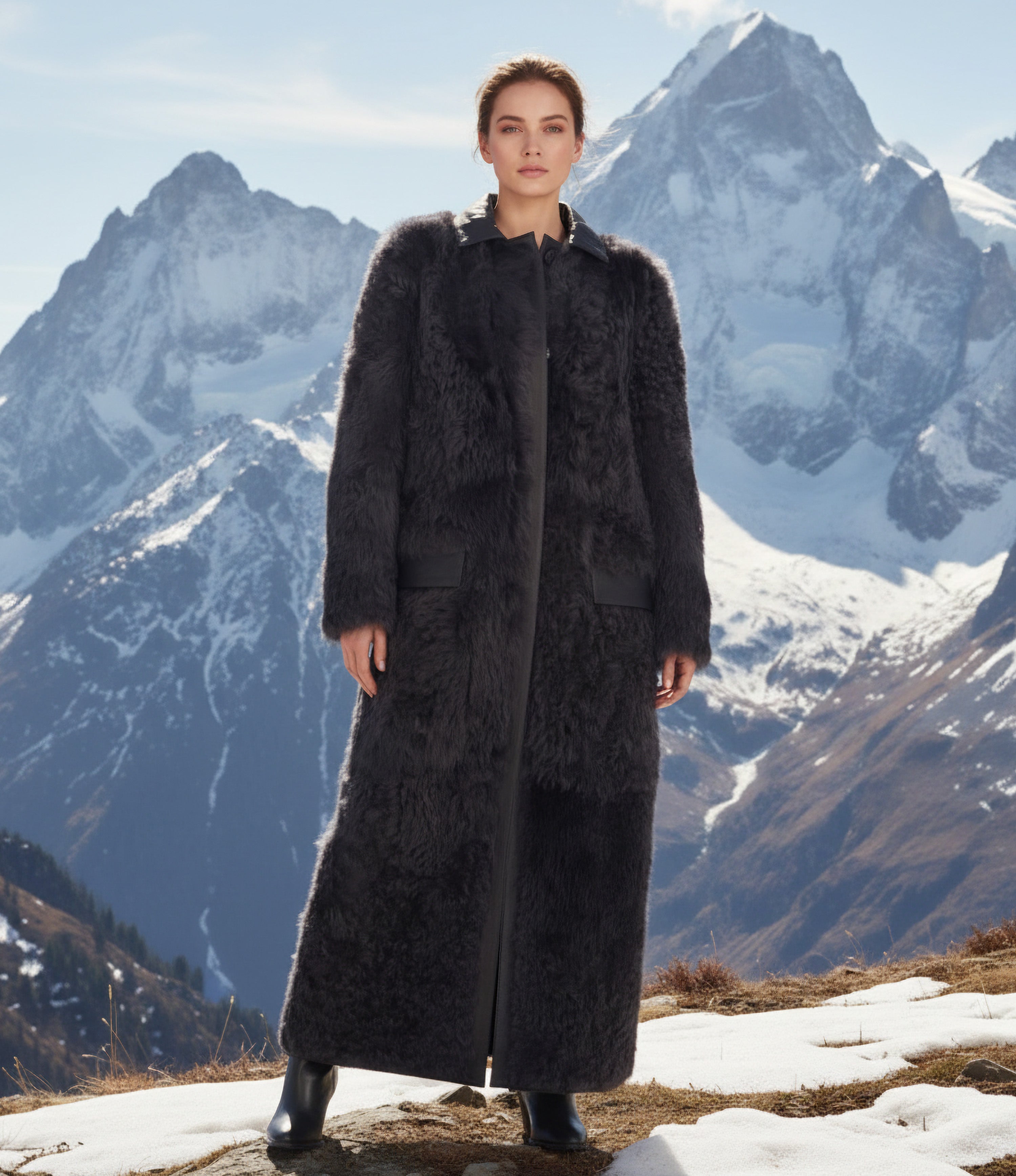 Reversible Long Leather Trim Shearling Coat Size:10