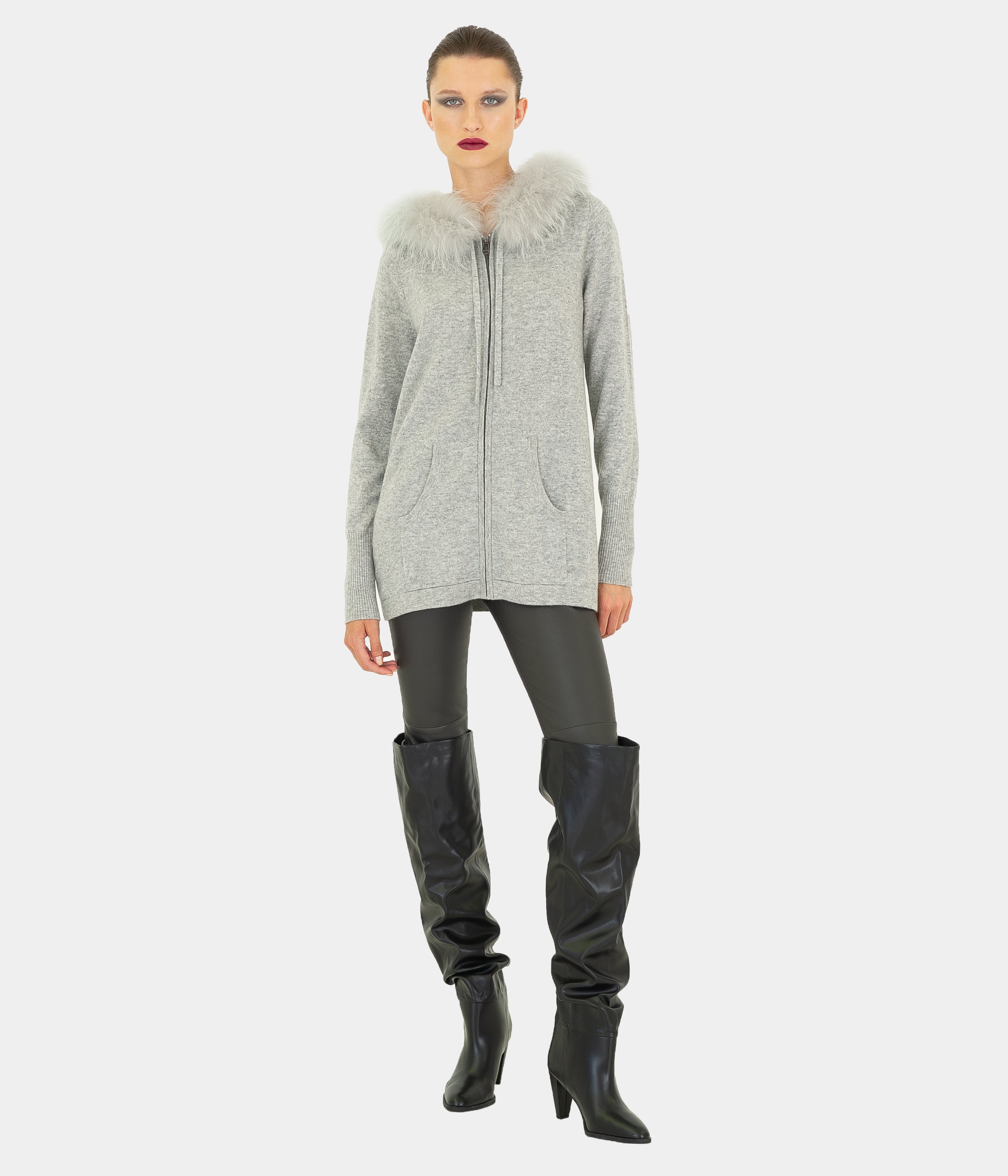 Long Loose Fit Hoody Fur Trim
