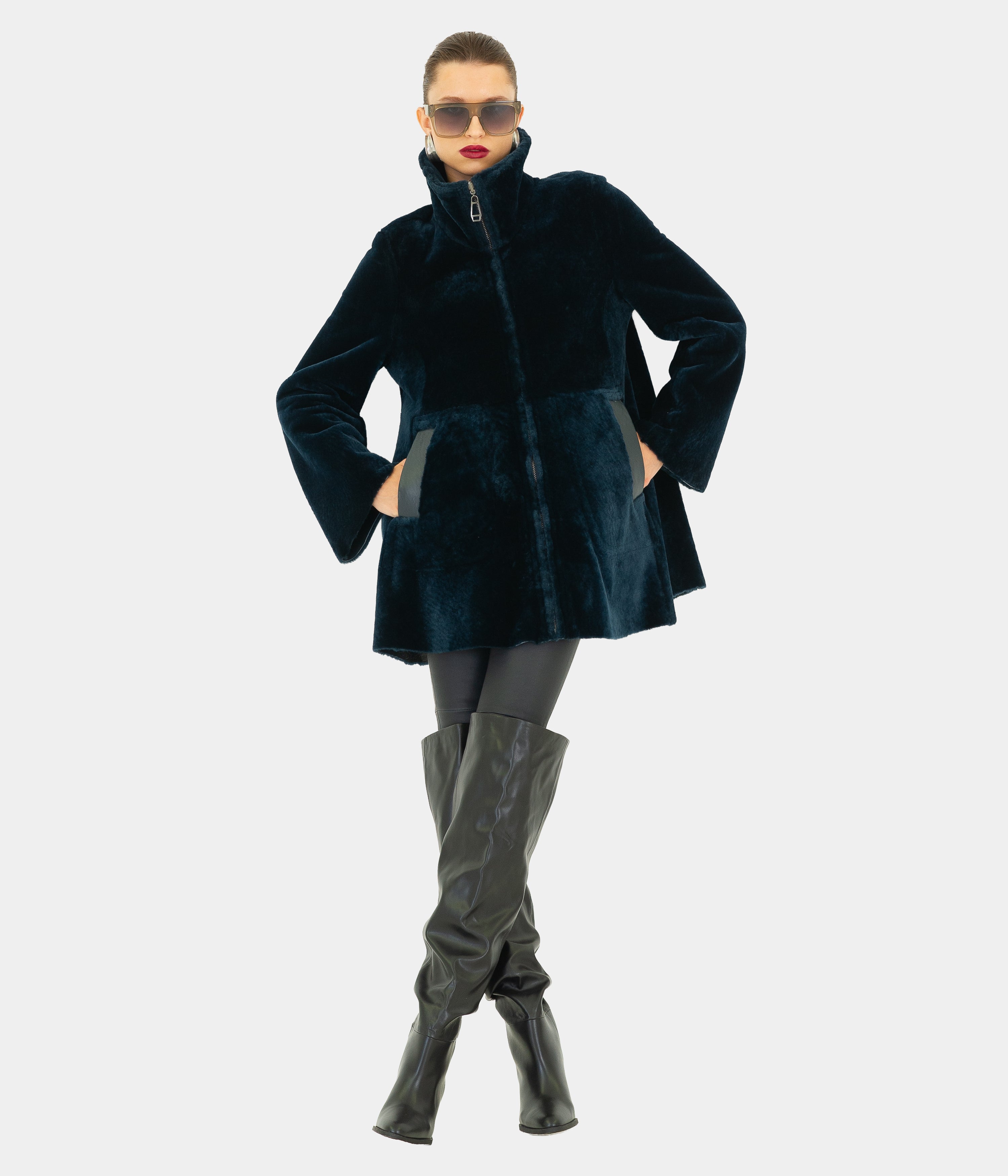 Reversible Shearling Short Zip Swing Coat