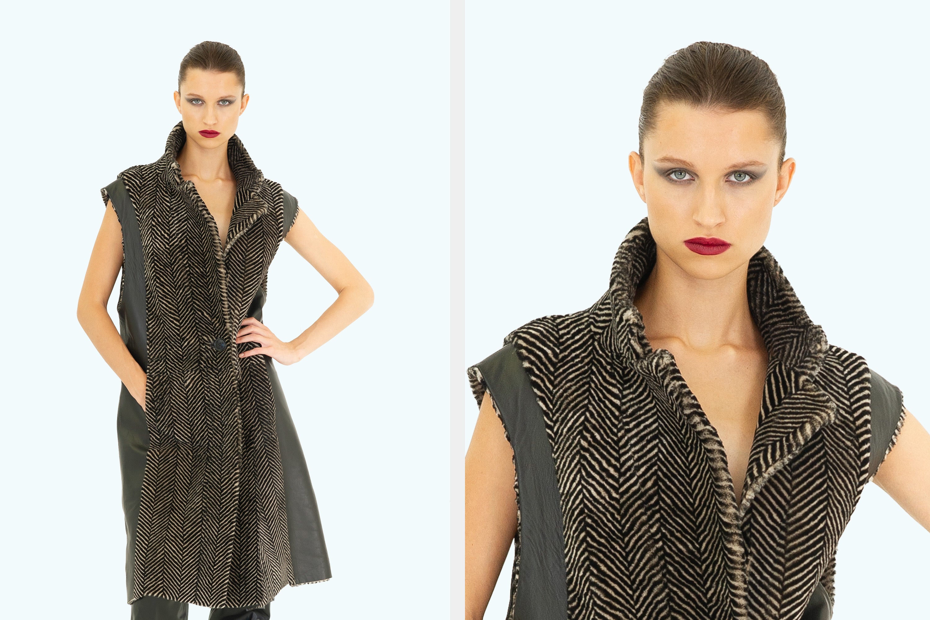 Herringbone And Leather Long Gilet