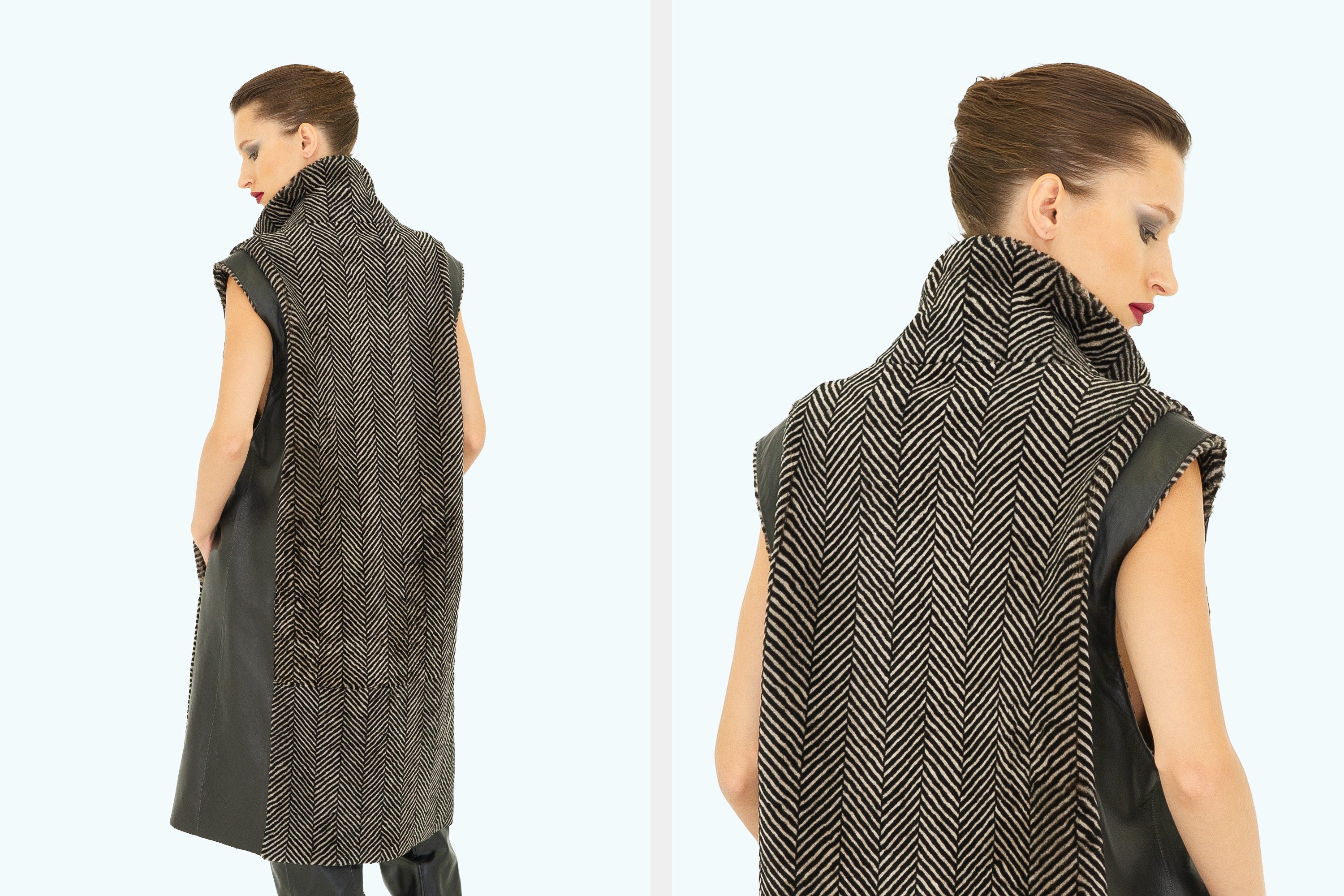 Herringbone And Leather Long Gilet