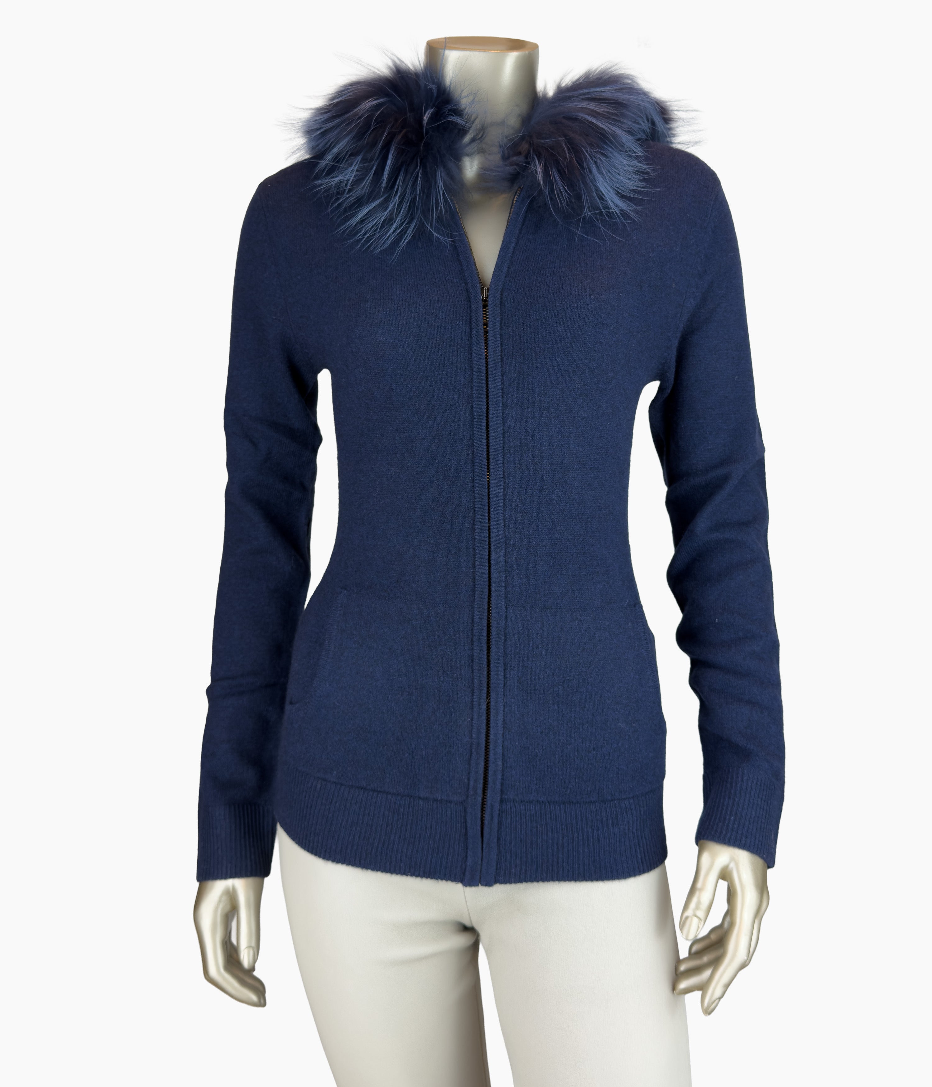 Outlet:  Navy Hooded Fur Fitted Cardi