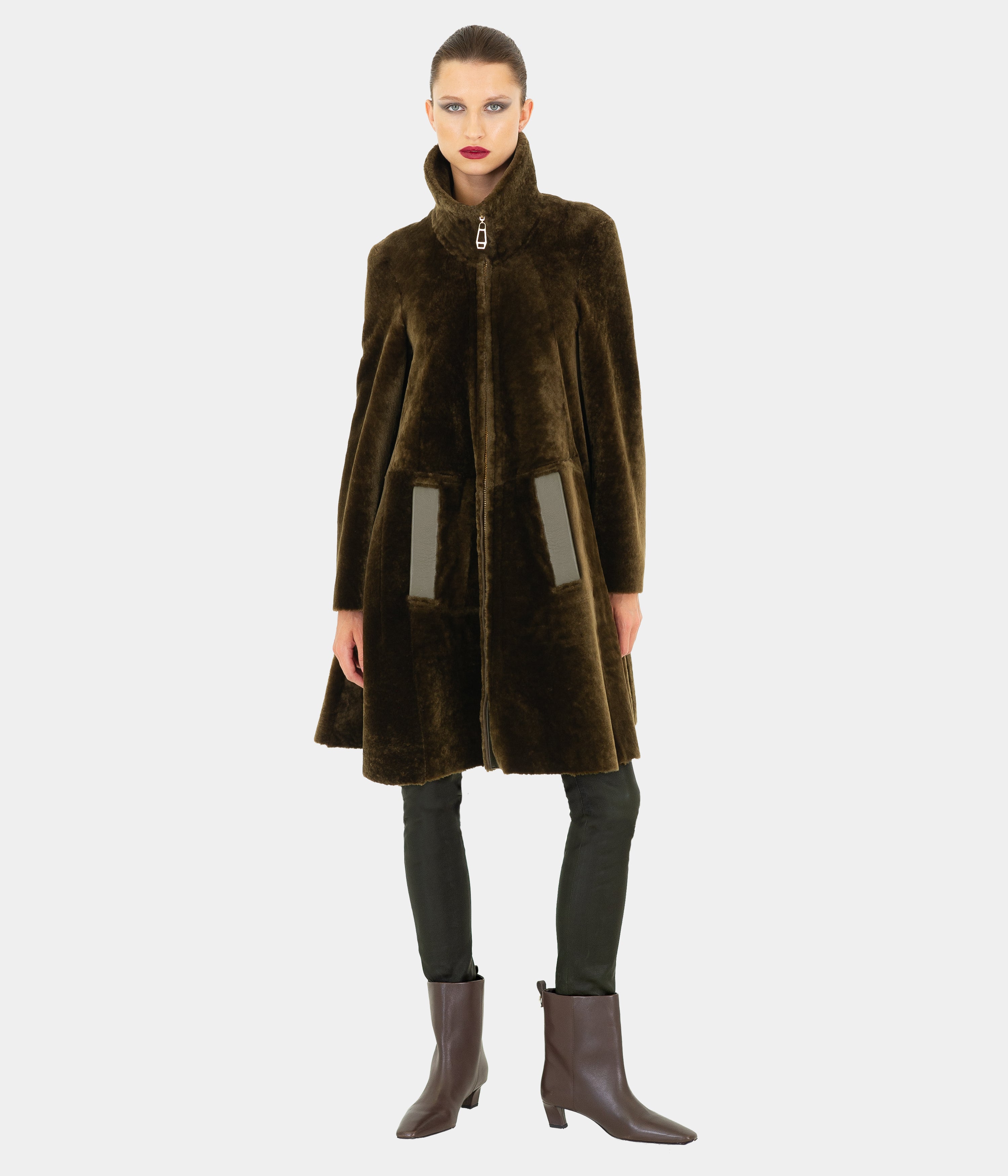 Reversible Shearling Long Zip Swing Coat