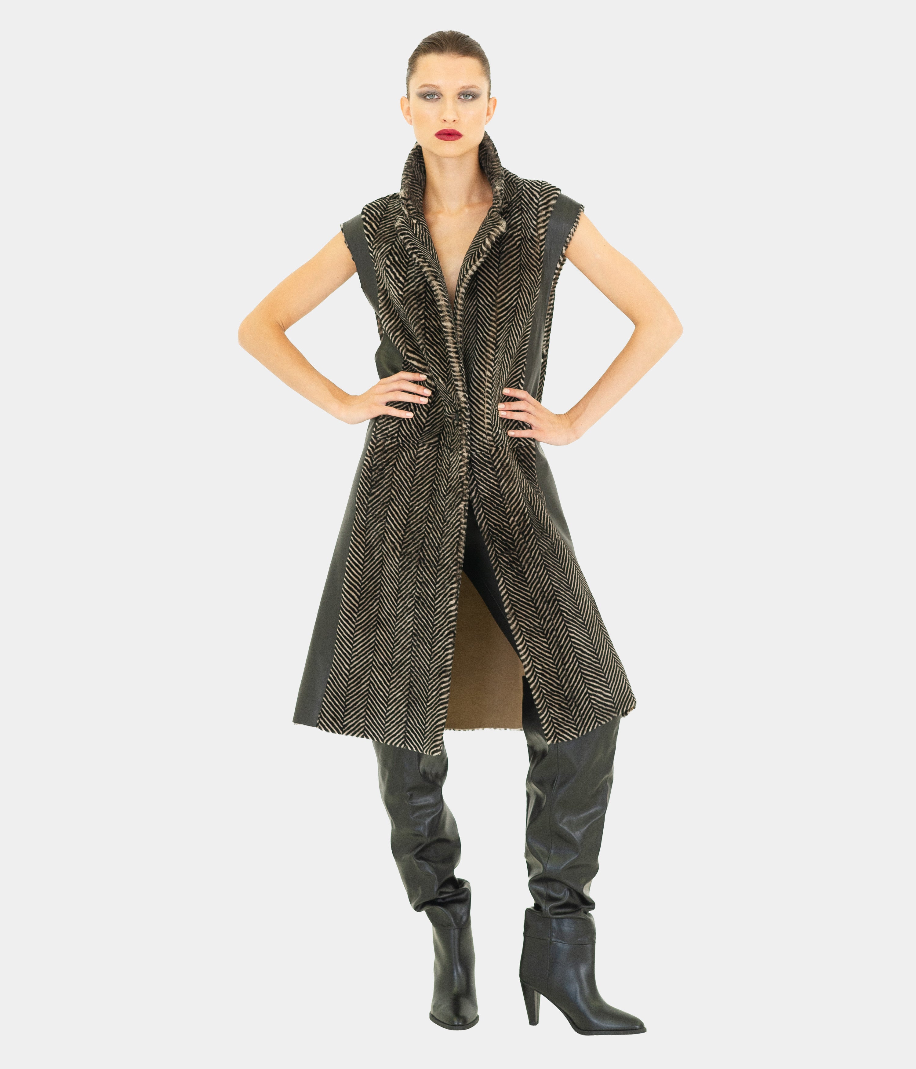 Herringbone And Leather Long Gilet