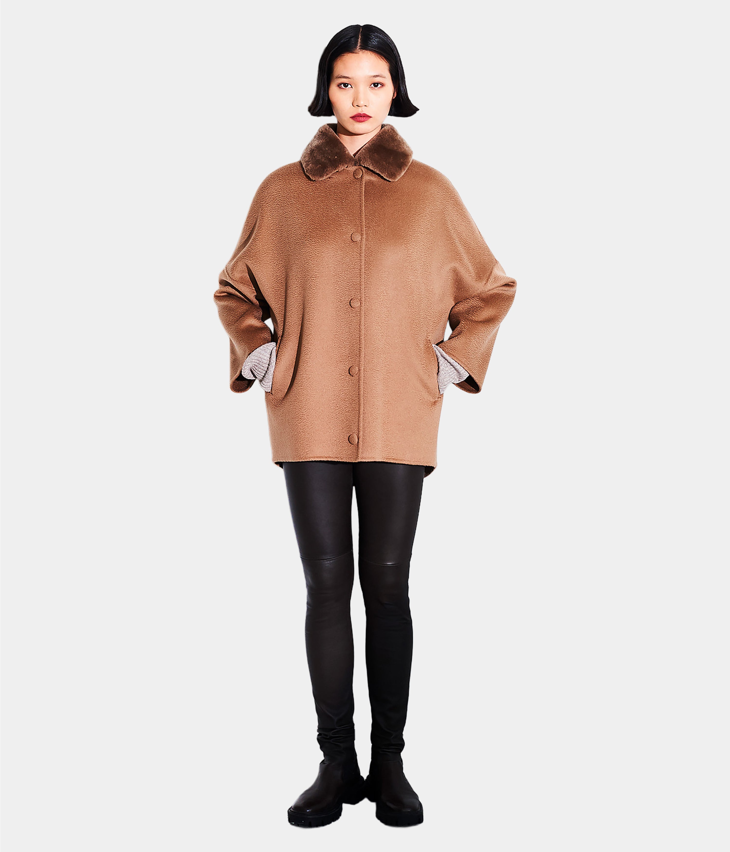 Covered Button Short Coat Shearling Collar. Size:10 Only