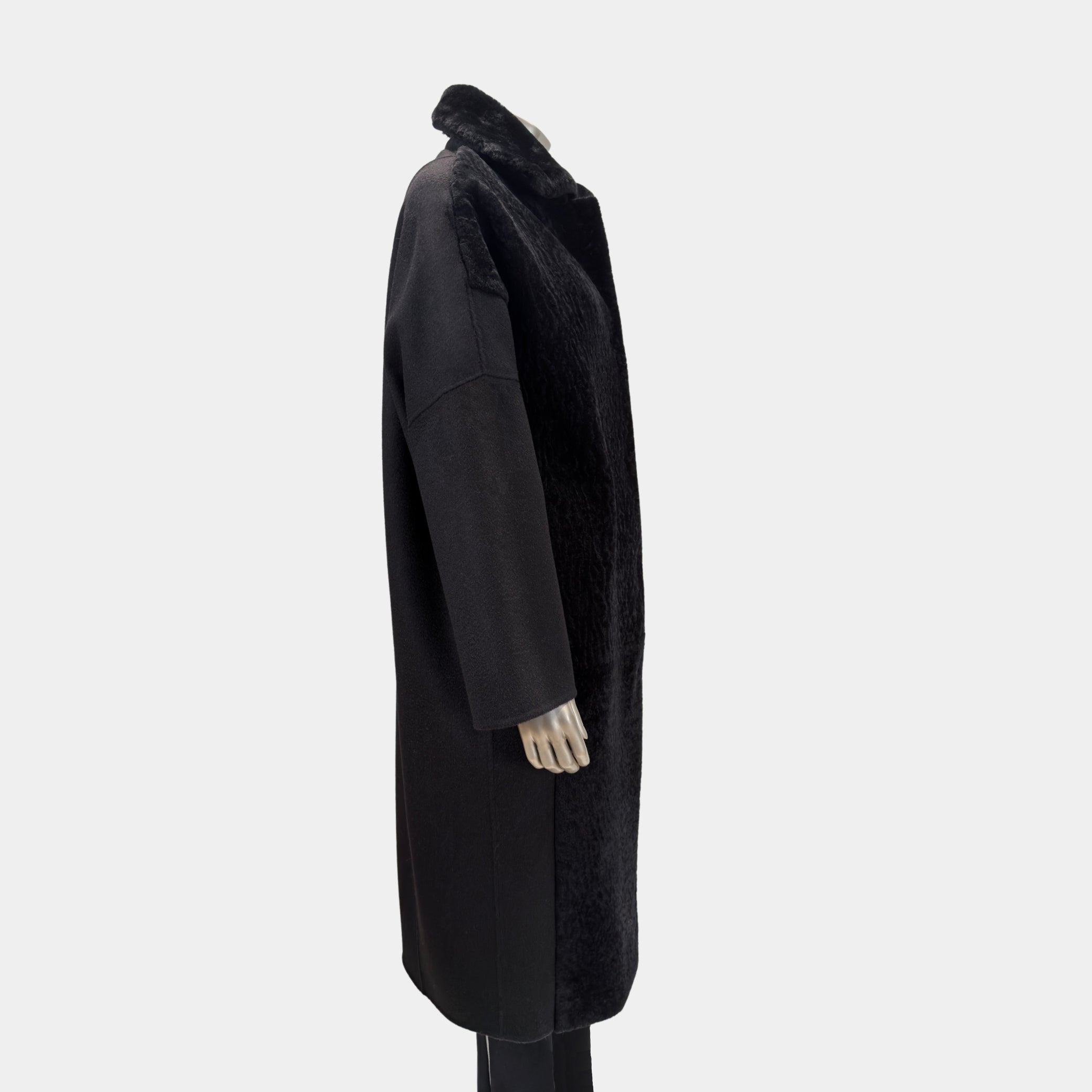 Outlet: Long Wool Coat With Shearling Front Black: Size 10