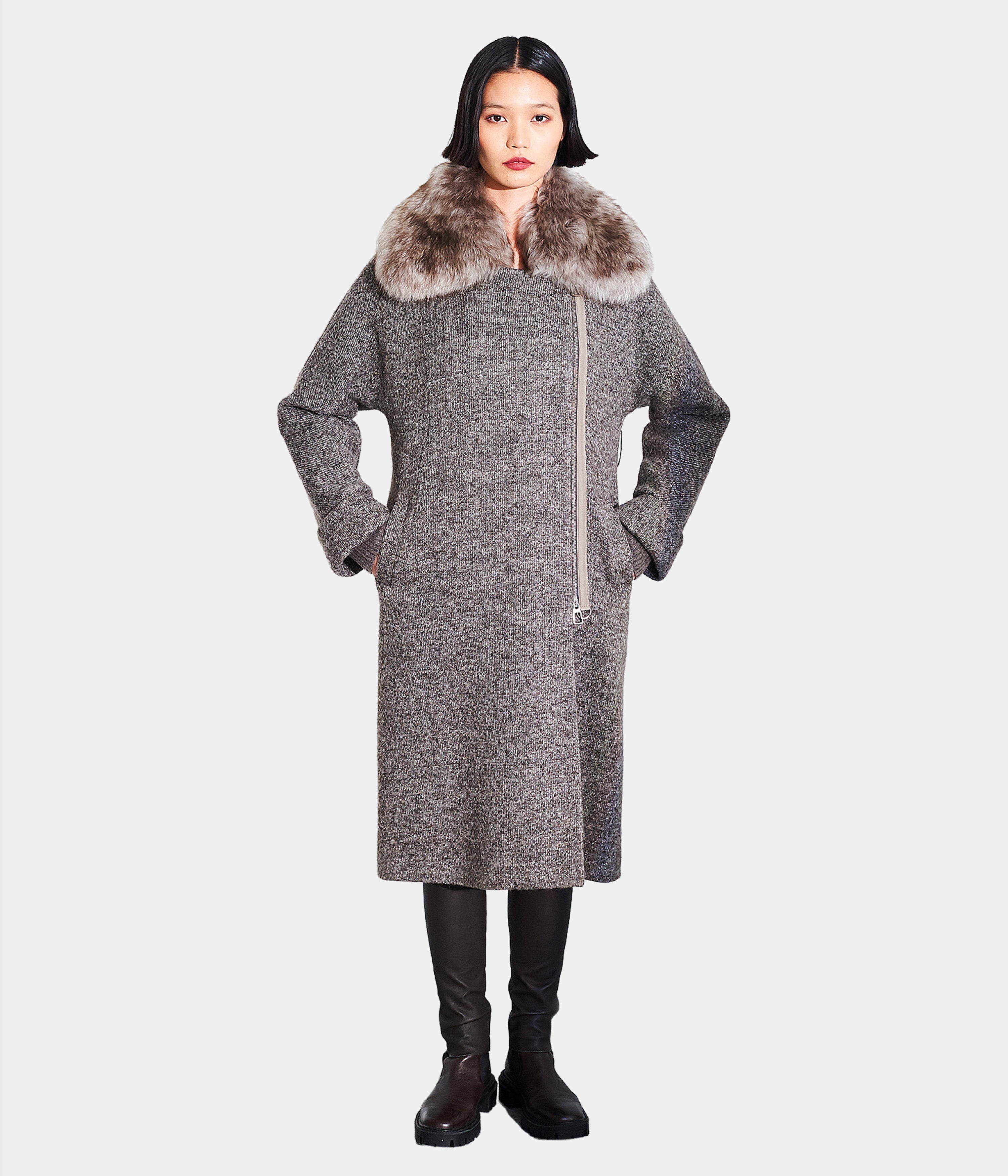 Knitted Wool Blend Coat With Shearling Collar