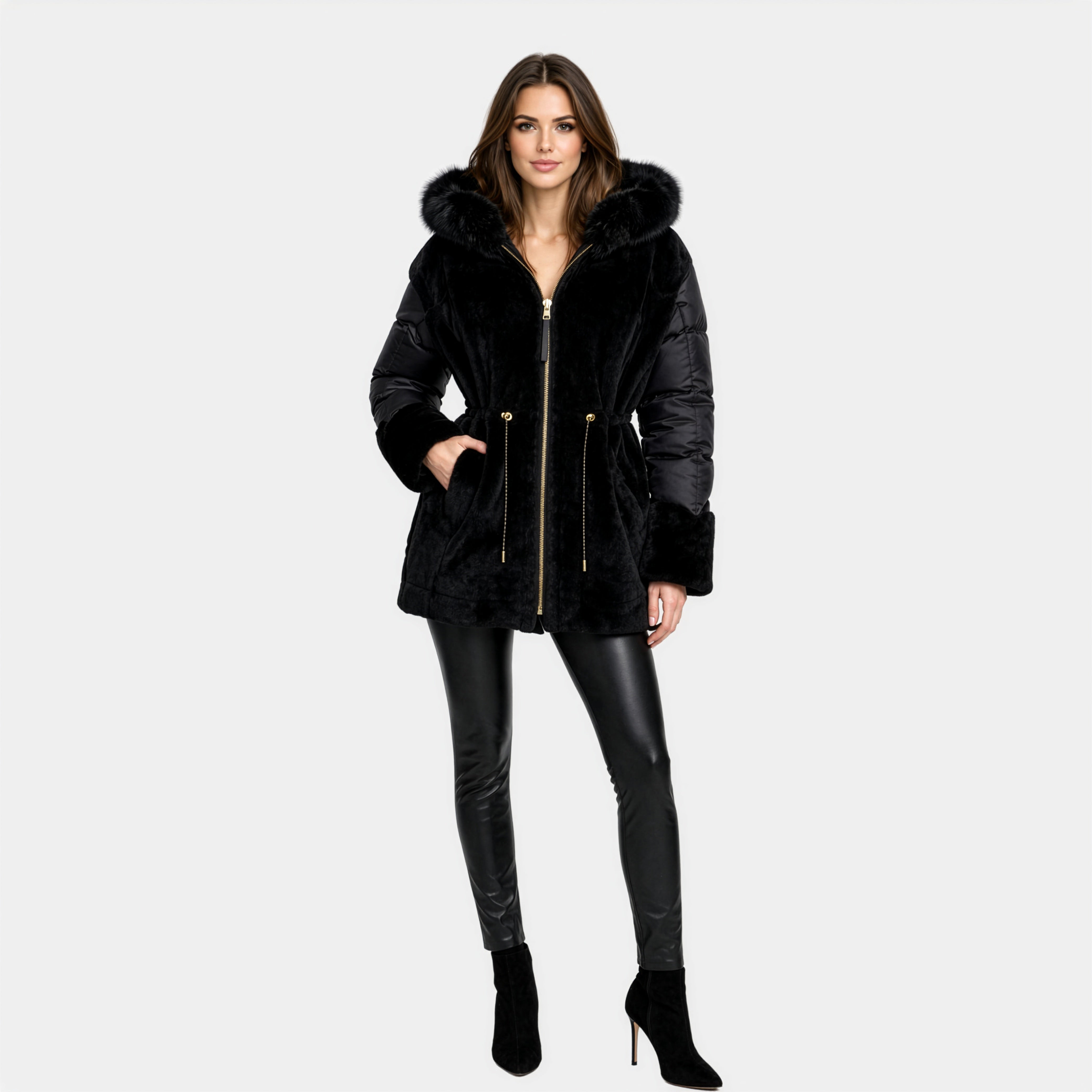 Outlet: Reversible Shearling Hooded Parka Black: Size 10