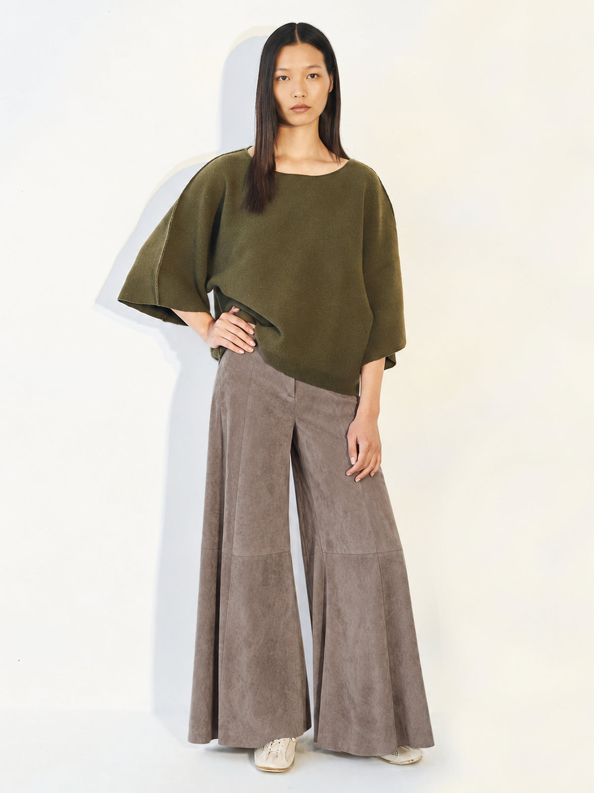 Light Sage Wide Leg Suede Trousers